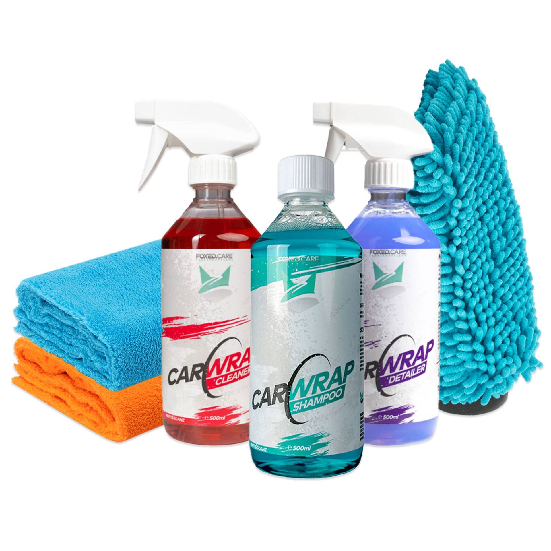 Foxed Care Car Wrap Bundle - FoxedCare CarWrap Cleaner Folienreiniger 500ml, Foliendetailer 500ml, Folienshampoo 500ml + Waschhandschuh & 2x Mikrofasertuch 550GSM von FOXED