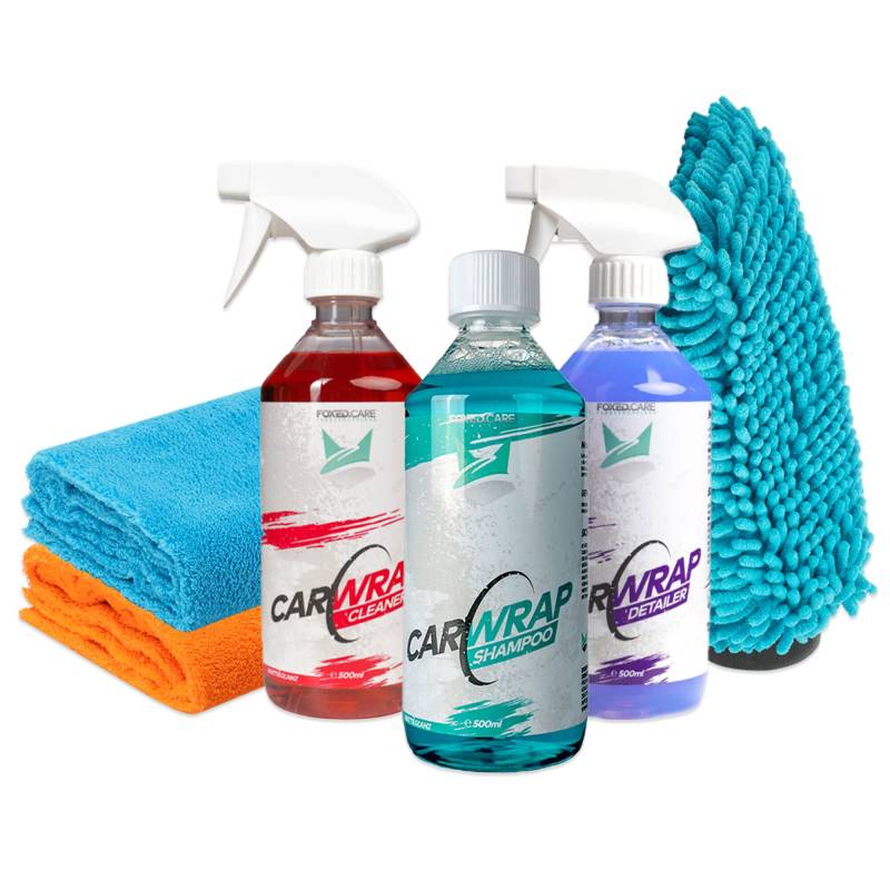 Foxed Care Car Wrap Bundle - FoxedCare CarWrap Cleaner Folienreiniger 500ml, Foliendetailer 500ml, Folienshampoo 500ml + Waschhandschuh & 2x Mikrofasertuch 550GSM von FOXED