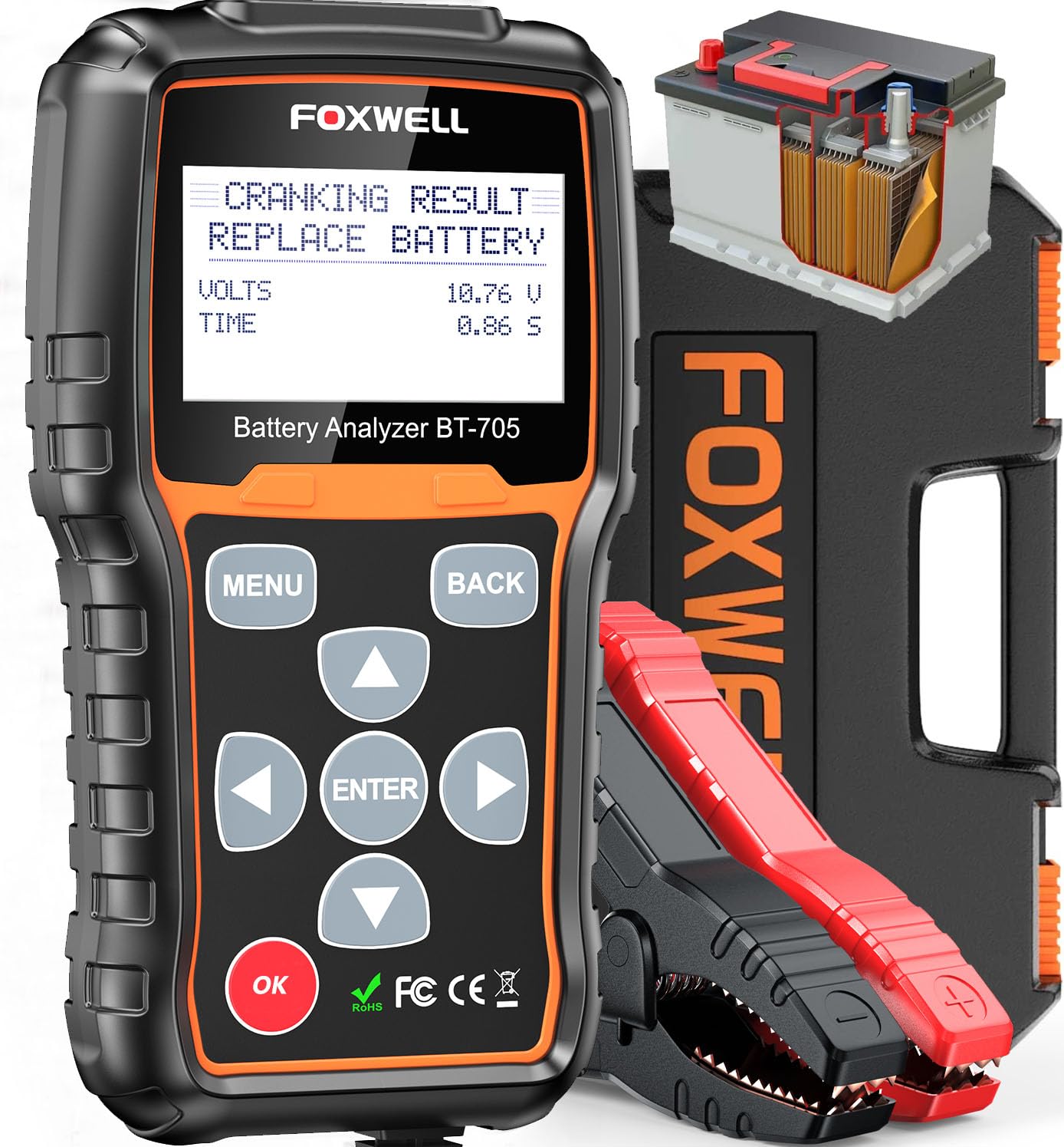 FOXWELL BT705 Batterietester Auto 12V 24V, KFZ Autobatterie Tester 100-2000CCA Lasttester, Car Batterie Tester auto Lade-Anlasser-System Autoatterie Analysator für Auto, SUV, Motorrad, LKW, Marine. von FOXWELL