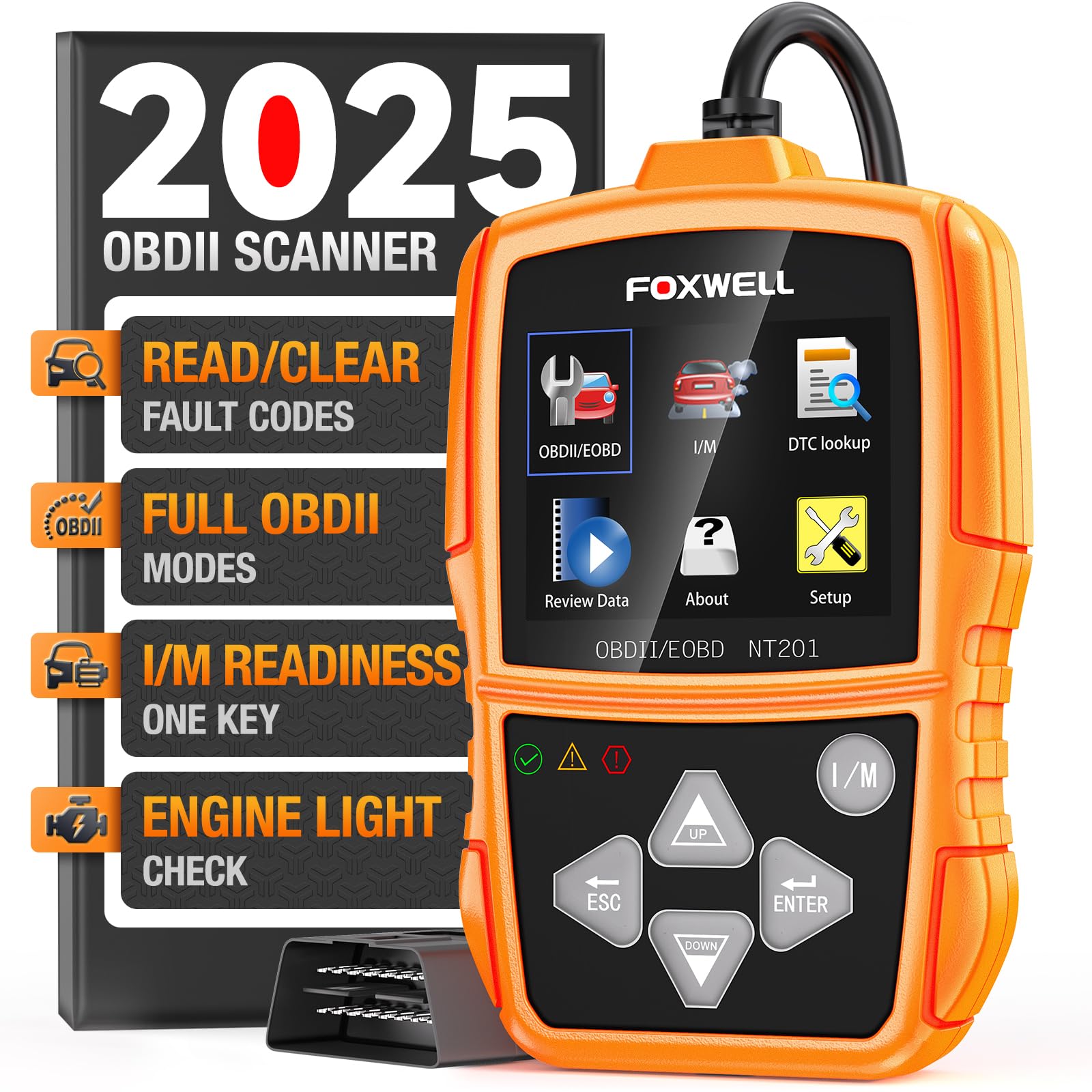 FOXWELL NT201 OBD2 Diagnosegerät Auto, OBD-II/EOBD KFZ Diagnosegerät für alle Fahrzeuge, 10 OBD2 Modi, One Touch I/M Bereitschaftstaste, Auslesegerät Auto für alle Baujahr 1996 von FOXWELL