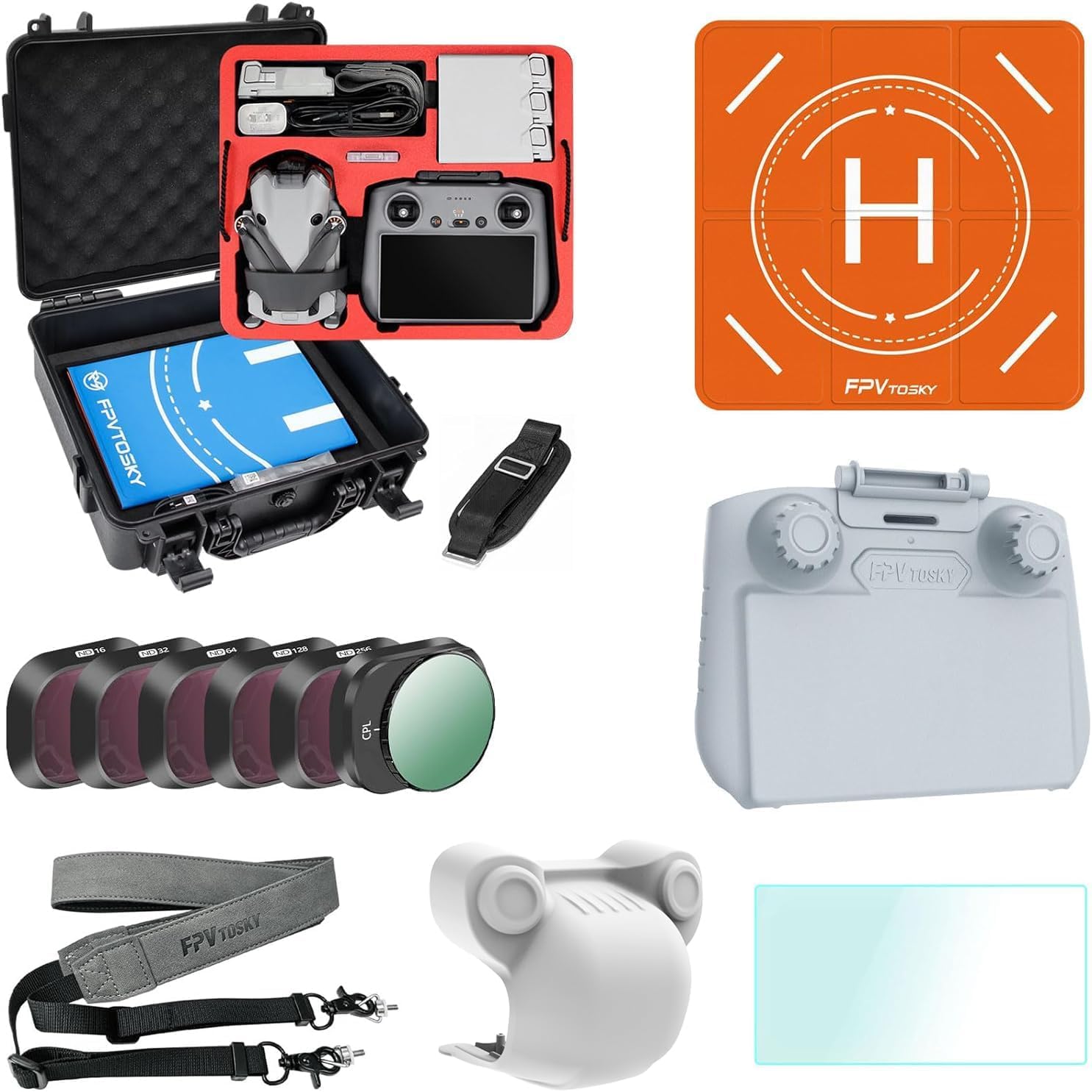 FPVtosky Drohne Mini 4 Pro Zubehör 7-IN-1 Kit, Zweilagig Mini 4 Pro Koffer, ND Filter Set, Landepad, Lanyard, RC-2 Sonnenblende, Bildschirmschutz für DJI Mini 4 Pro von FPVtosky