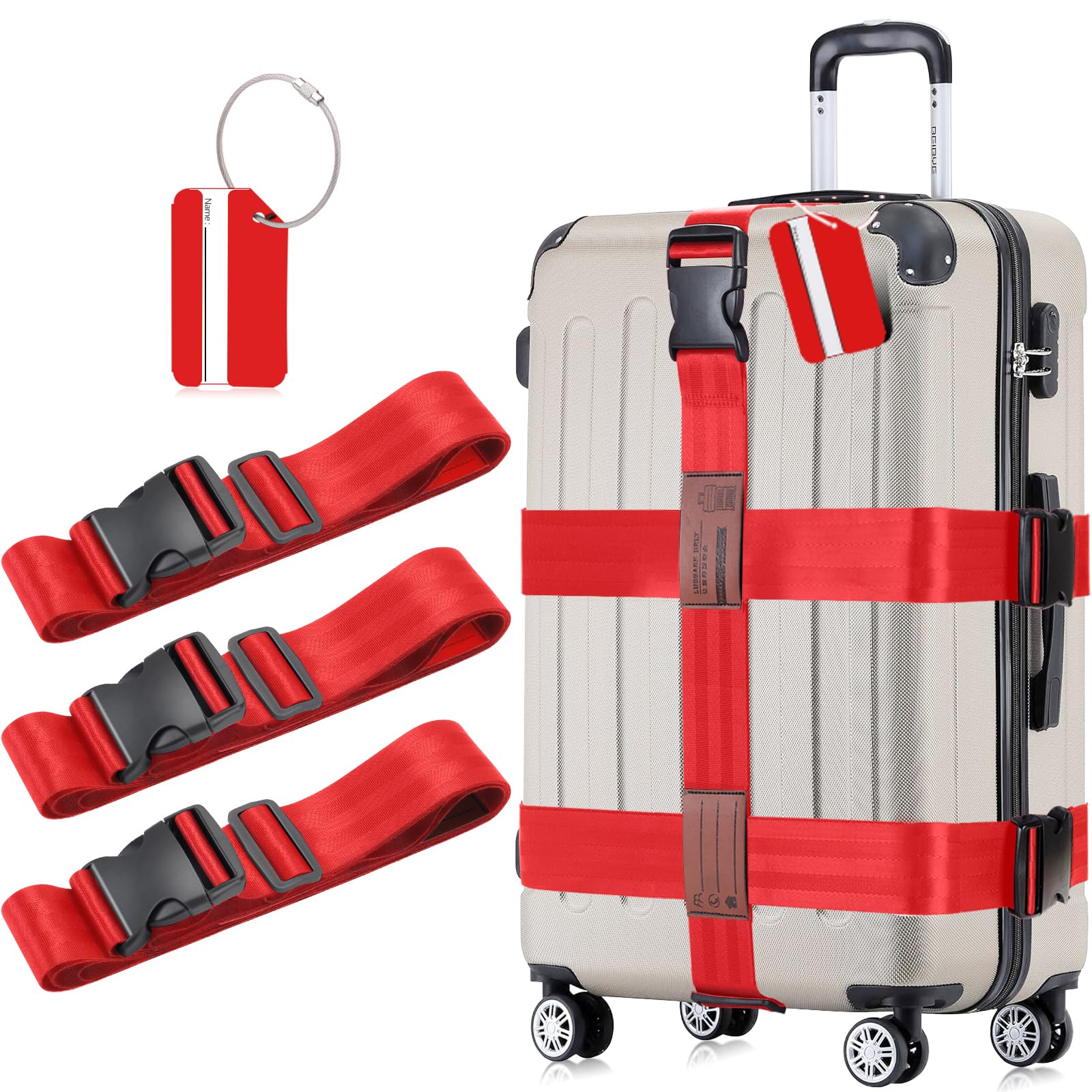 FQIQIANLIC Luggage Strap Set（3PCS Luggage Strap with 1 PCS Luggage Tag Set） Koffergürtel–Koffergurt Auffällig–Premium Luggage Strap–Ideal für den Einsatz unter der Travel and Flights – Rot von FQIQIANLIC