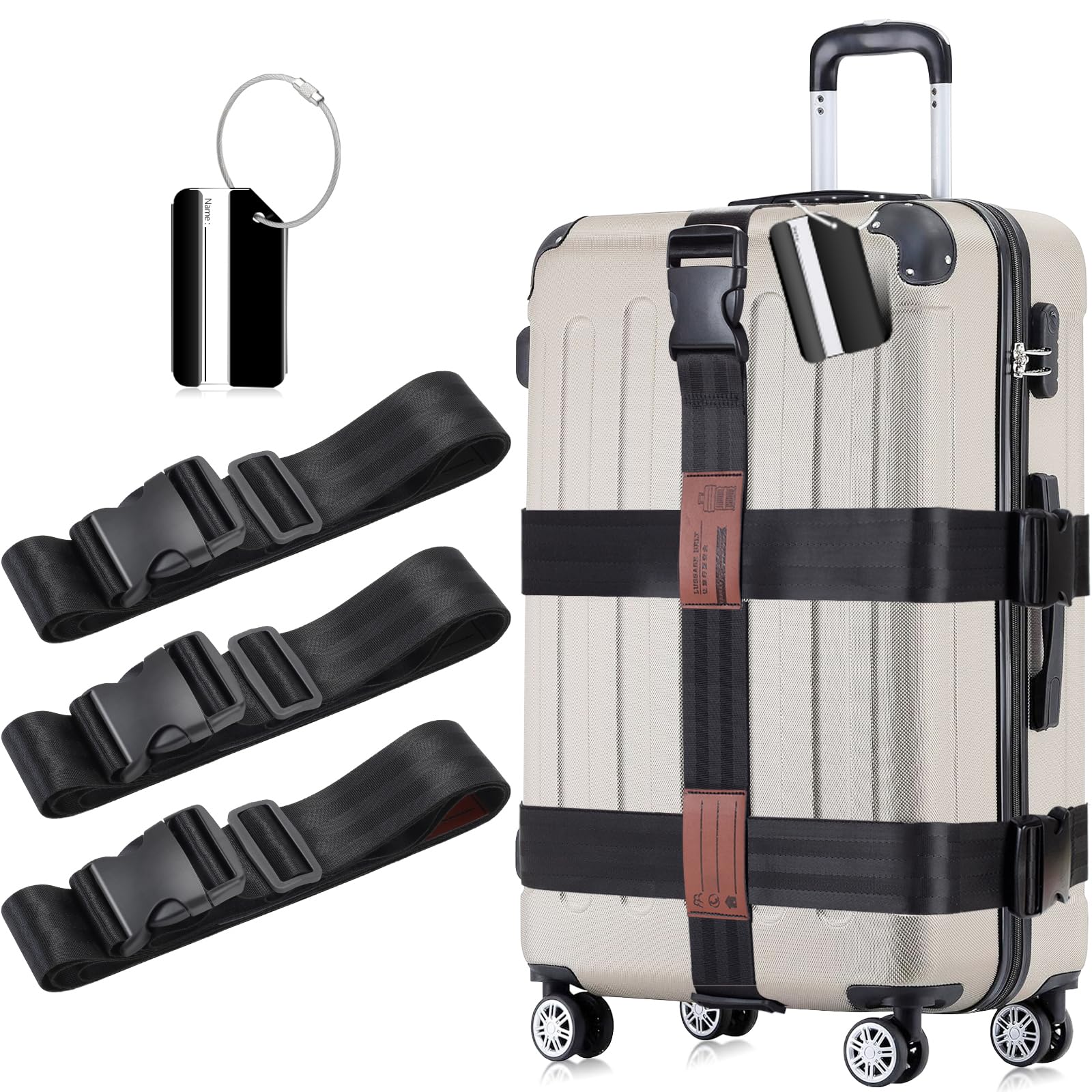 FQIQIANLIC Luggage Strap Set（3PCS Luggage Strap with 1 PCS Luggage Tag Set） Koffergürtel–Koffergurt Auffällig–Premium Luggage Strap–Ideal für den Einsatz unter der Travel and Flights – Schwarz von FQIQIANLIC