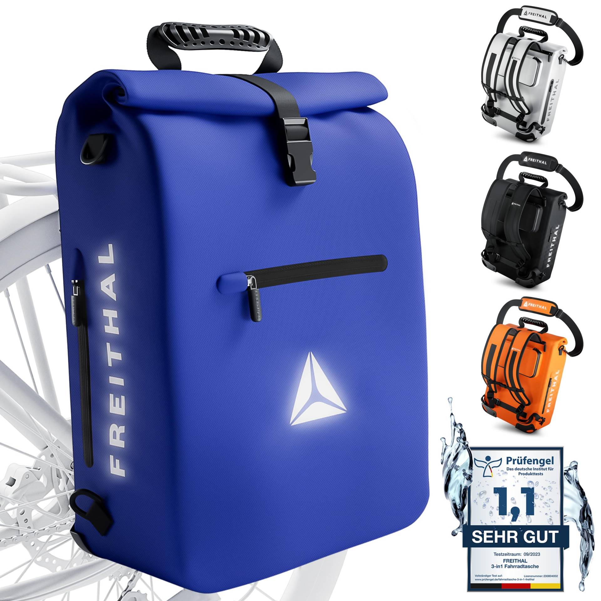 FREITHAL - 3in1 Fahrradtasche [25L] - Verwendbar als Gepäckträgertasche, Rucksack & Umhängetasche - 100% wasserdichte & Reflektierende Fahrradtasche Rucksack - Mit 16" Laptopfach von FREITHAL