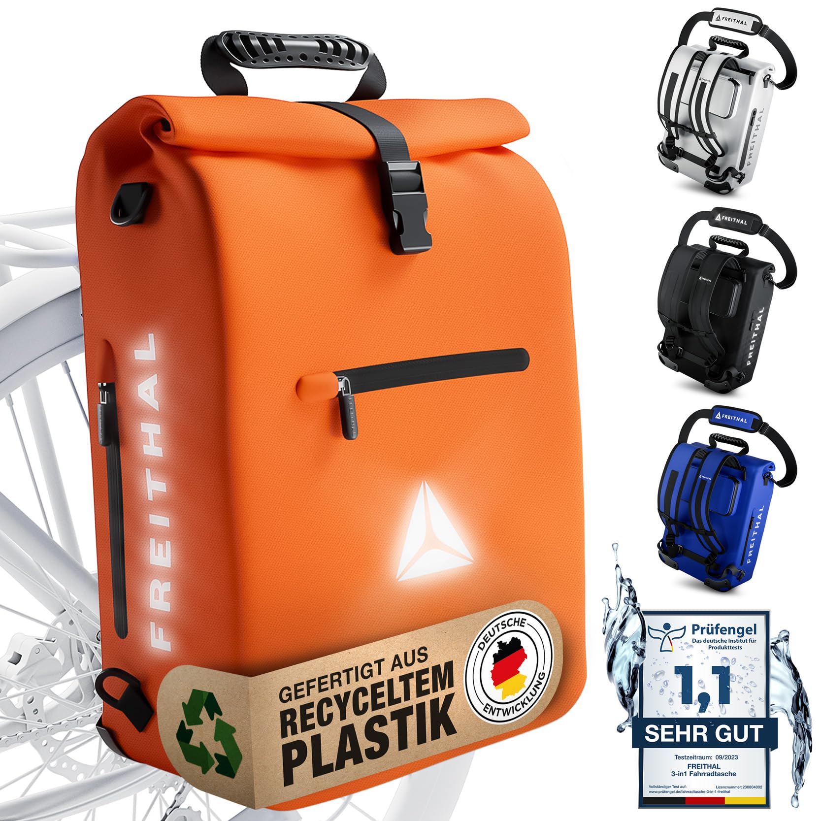 FREITHAL - 3in1 Fahrradtasche aus recyceltem Gewebe [25L] - Verwendbar als Gepäckträgertasche, Rucksack & Umhängetasche - 100% Wasserdichte & Reflektierende Fahrradtasche Rucksack - Mit 16" Laptopfach von FREITHAL