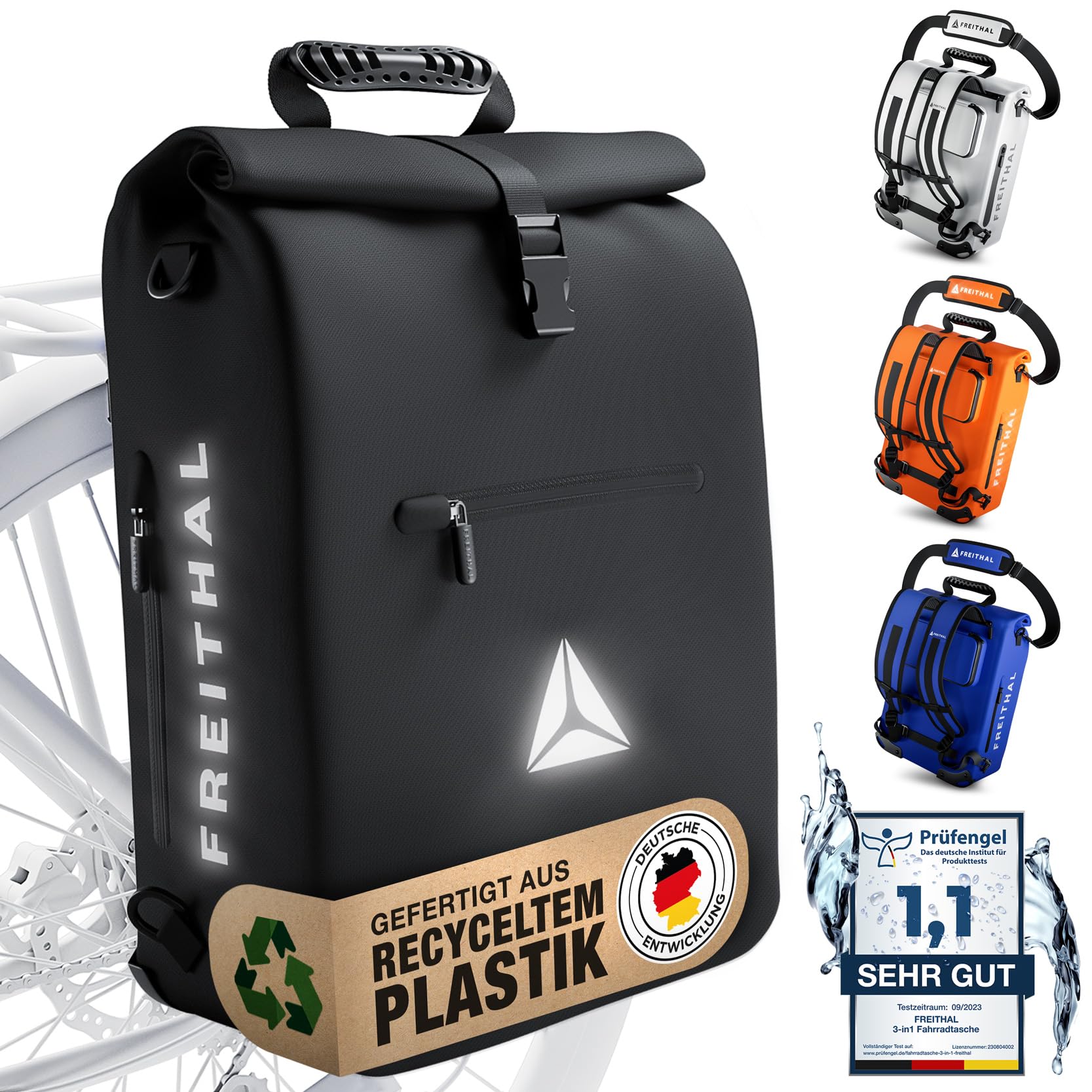 FREITHAL - 3in1 Fahrradtasche aus recyceltem Gewebe [25L] - Verwendbar als Gepäckträgertasche, Rucksack & Umhängetasche - 100% Wasserdichte & Reflektierende Fahrradtasche Rucksack - Mit 16" Laptopfach von FREITHAL