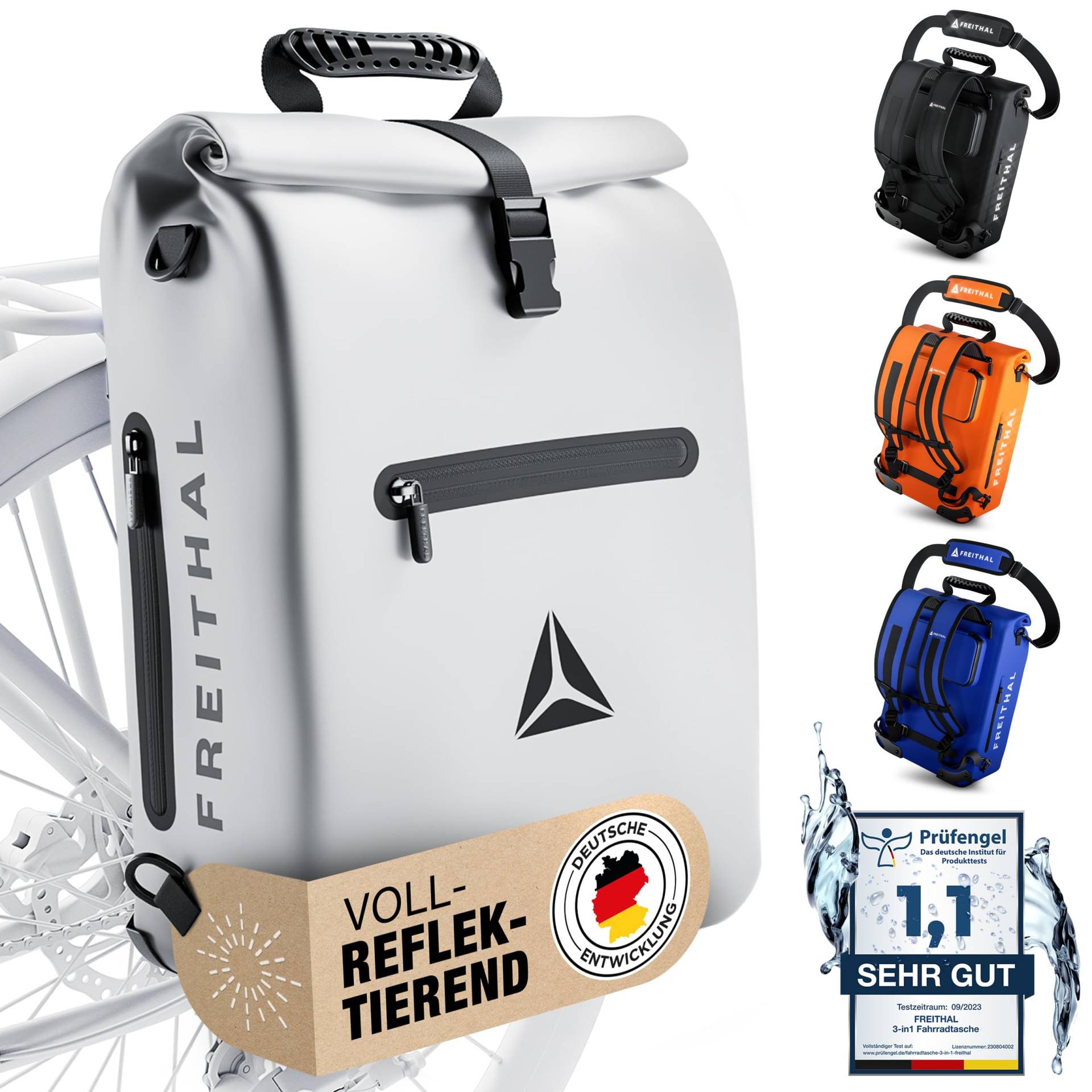 FREITHAL - Vollreflektierende 3in1 Fahrradtasche [25L] - Verwendbar als Gepäckträgertasche, Rucksack & Umhängetasche - 100% wasserdichte & Reflektierende Fahrradtasche Rucksack - Mit 16" Laptopfach von FREITHAL