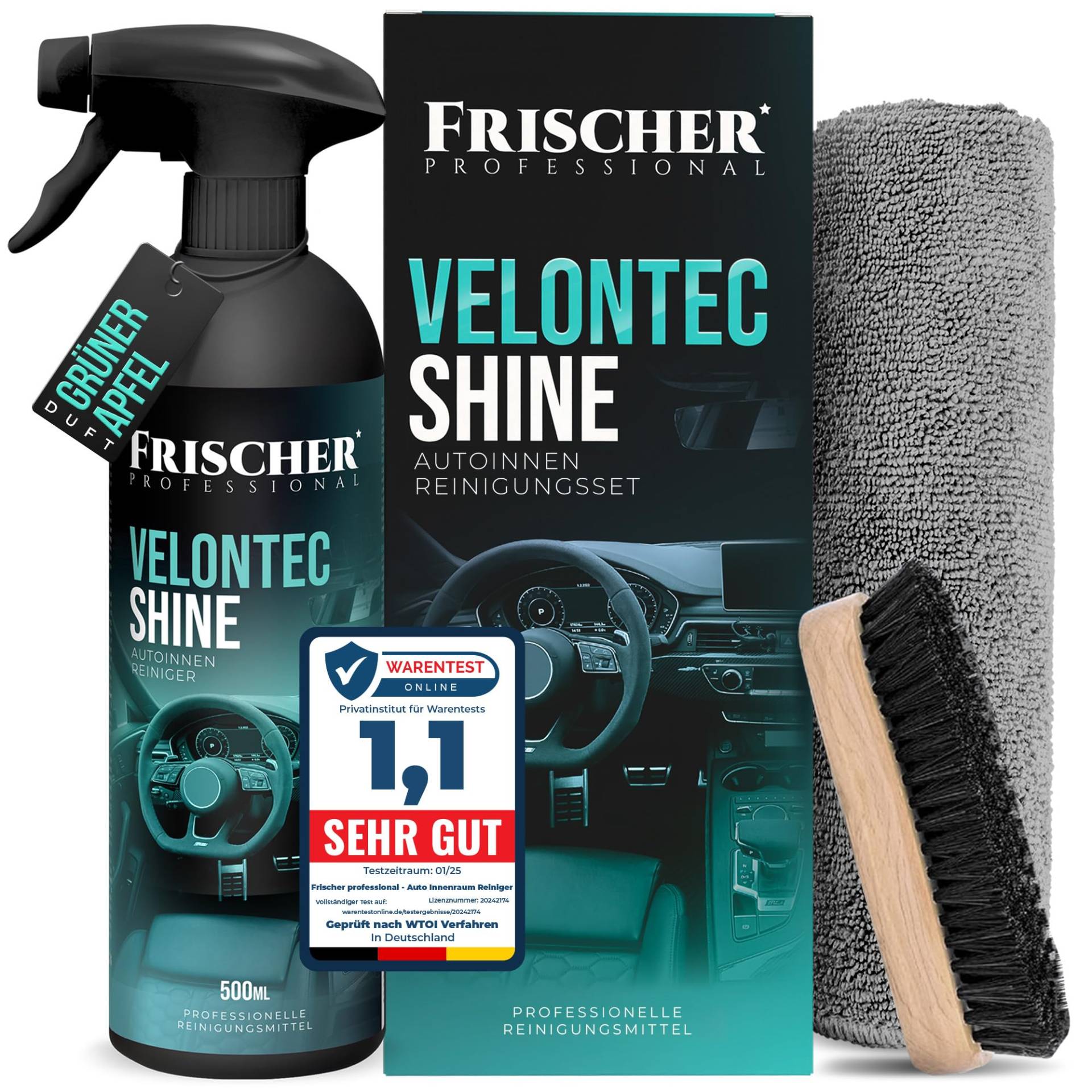 FRISCHER PROFESSIONAL Auto Innenraum Reiniger Set 500ml - Cockpitpflege für die Innen Reinigung von Kunststoff, Polster, Leder & Armaturen - Autopflege mit Microfaser & Bürste - Cockpit Reiniger von FRISCHER PROFESSIONAL