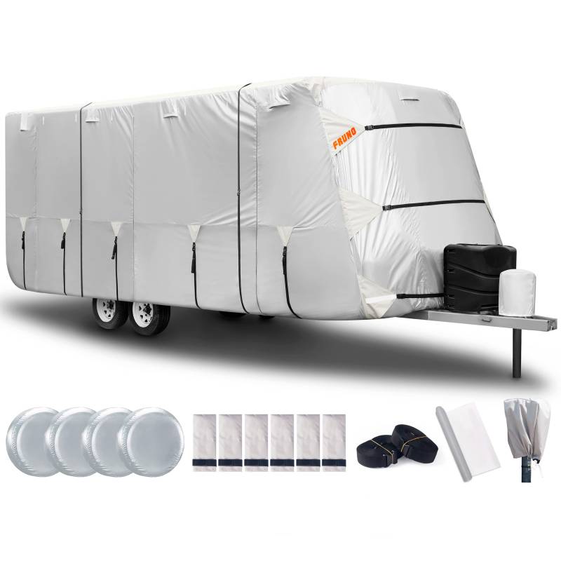 FRUNO Oxford Cloth Travel Trailer RV Cover 21'9"-24' Waterproof Rip-Resistant Anti-UV Camper Cover for Winter Snow with Jack Cover 4 Tire Covers and Goutter Covers von FRUNO