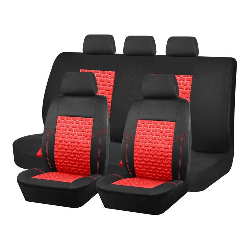 Autositzbezüge Autositzbezüge Reifenstruktur Presse Sitzbezüge Auto Universal Für Die Meisten Auto SUV 3 Reißverschluss Für Rücksitzlehne Auto Schonbezüge(Black Red 5 seat) von FRVVPL