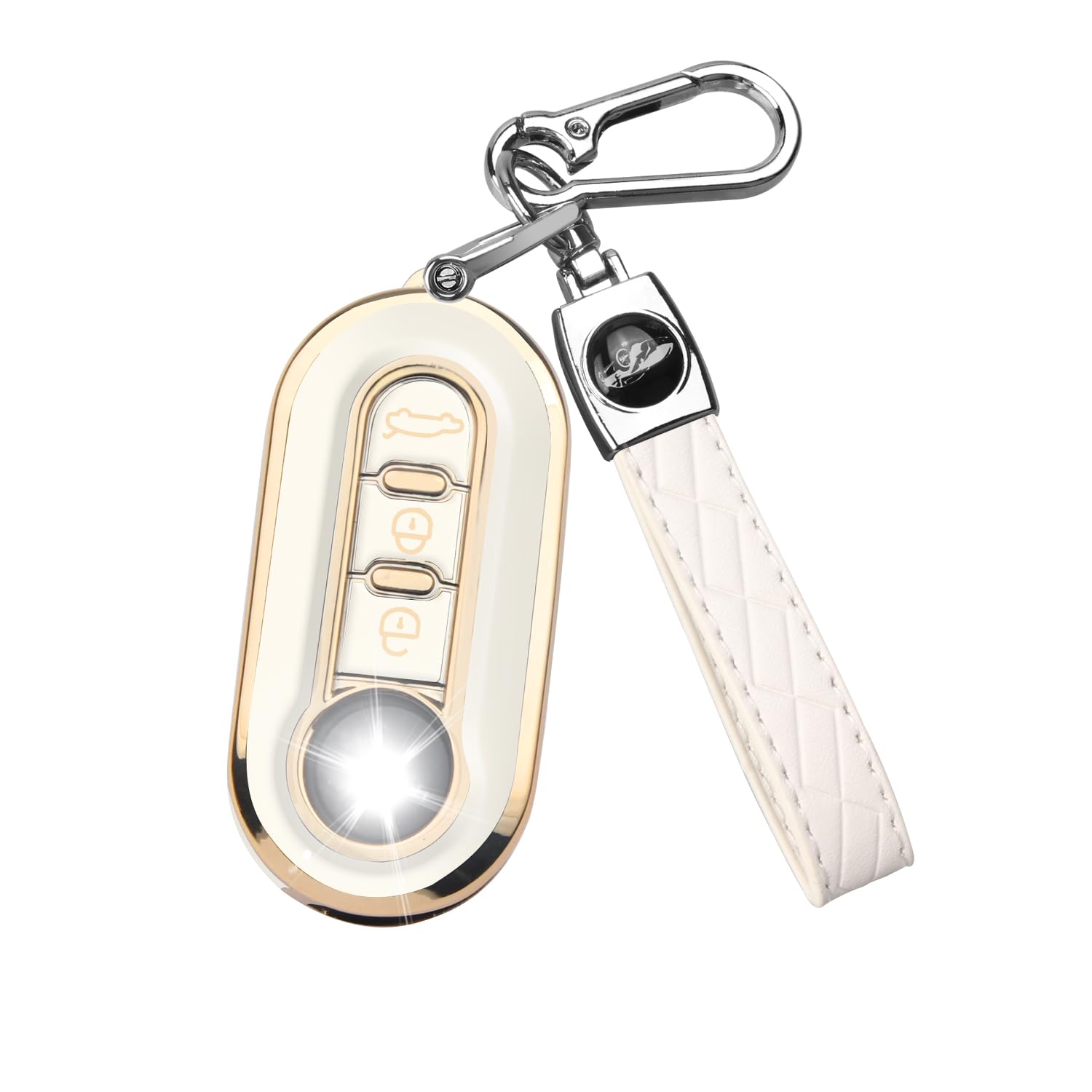 FT FUNTOR Gold Kanten Schlüsseletui Geeignet für FIAT, 3-Knopf Autoschlüssel Abdeckung Gehäuse mit Leder Schlüsselanhänger, Geeignet für FIAT 500 500L Punto Panda Qubo Lancia Stilo Scudo(Weiß) von FT FUNTOR