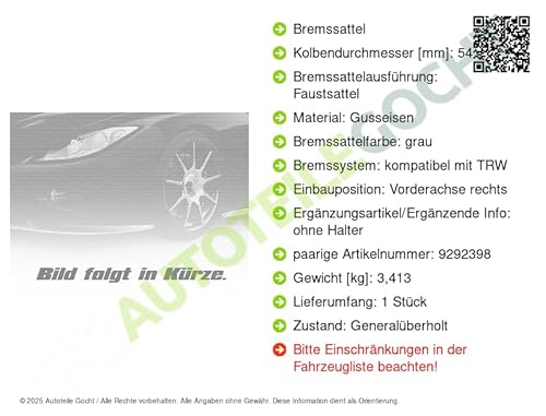 Bremssattel Vorne Rechts Kompatibel mit BMW F45 F46 X1 X2 Aprilia Pegaso Mini Cabrio Clubman Kombi Countryman 2005-> von Autoteile Gocht von FTE