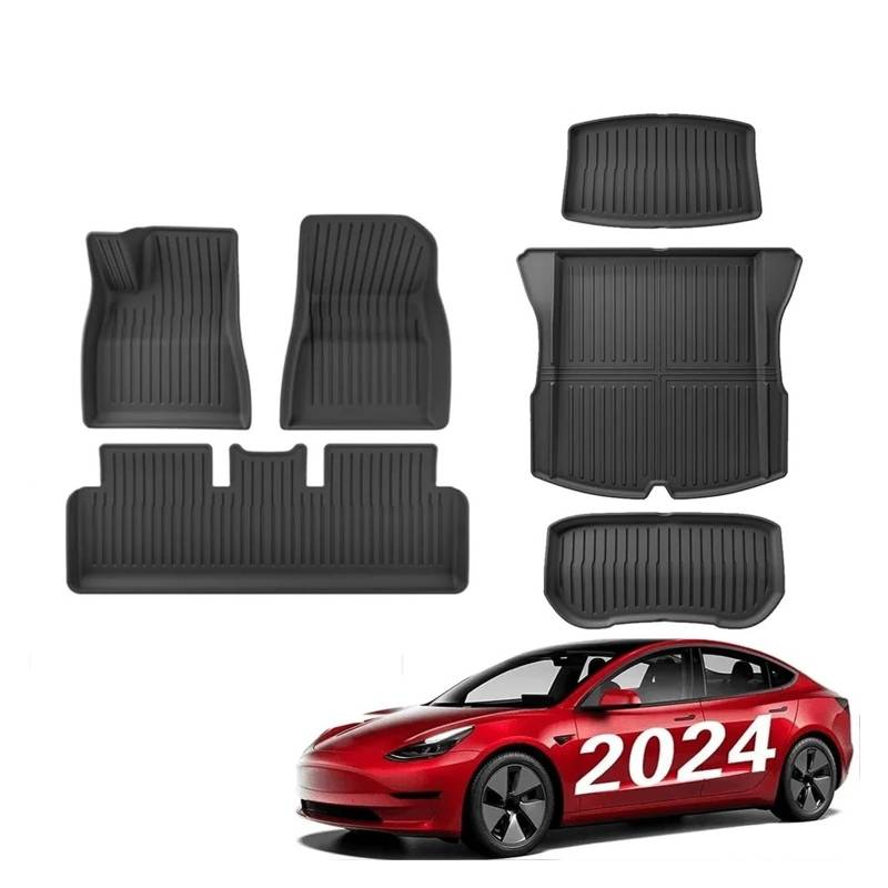 Kofferraummatten Für Tesla Für Modell 3 Highland 2024 Fußmatten Alle Wetter Vorne Hinten Für Cargo Liner Matte wasserdichte Anti-Slip Matten Zubehör TPE Kofferraum schutzmatte(6pcs LHD) von FTJKKVV