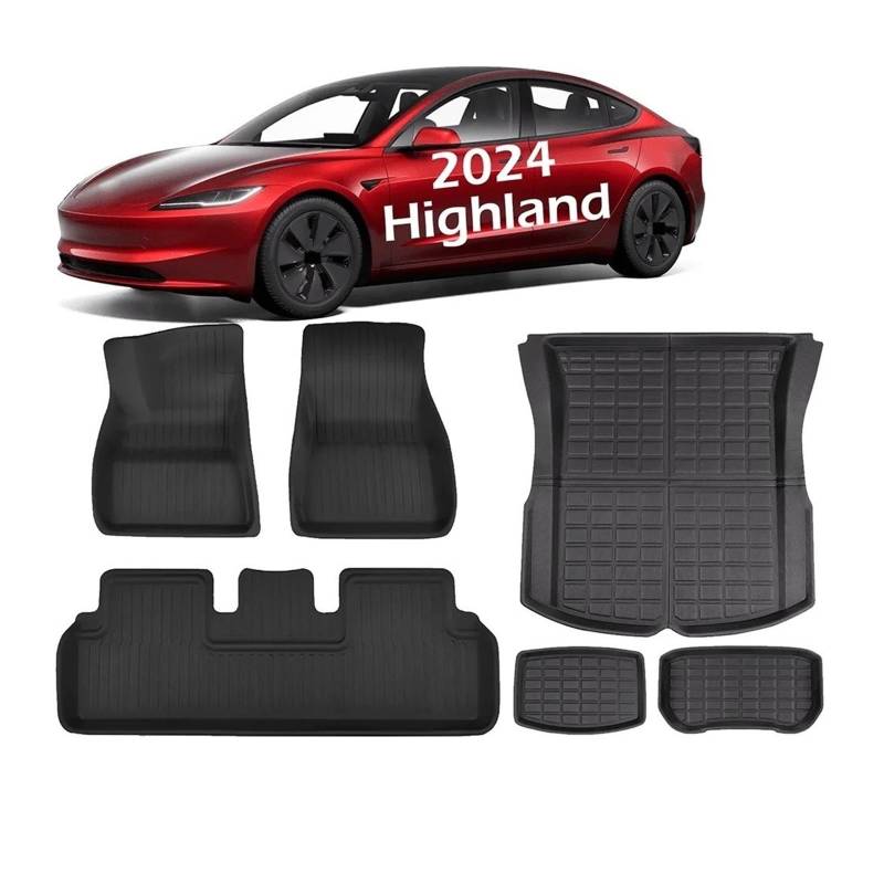 Kofferraummatten Für Tesla Refreshed Für Modell 3 Highland 2024 Passgenaue Fußmatten Allwetter-Teppichbezug Wasserdichtes XPE-Material Kofferraum schutzmatte(6pcs Sets) von FTJKKVV