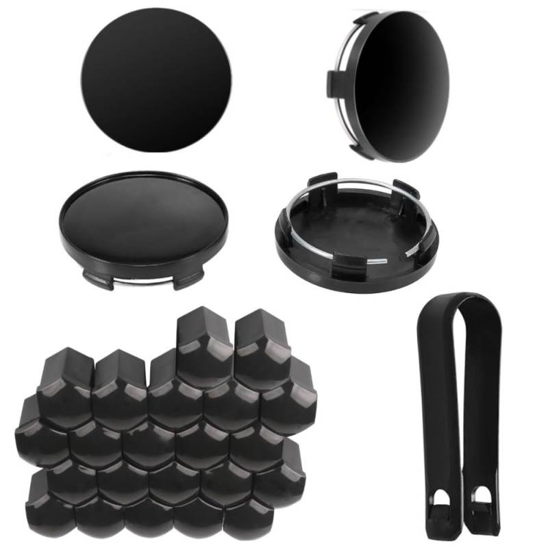 4 St Nabendeckel 60mm Radnabenkappen + 20 St Radschraubenkappen 17mm Set Universal Schwarz Radnabenkappen Kompatibel mit VW und Audi etc Alufelgen + Radschrauben für Auto-Muttern von FTXanty