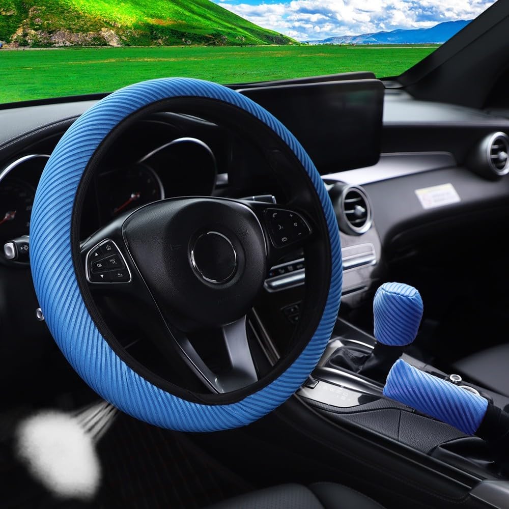 Premium Comfort Stripe Autozubehör Atmungsaktive Handbremse Schaltbezug Lenkradbezug Set (Blau) von FUANA