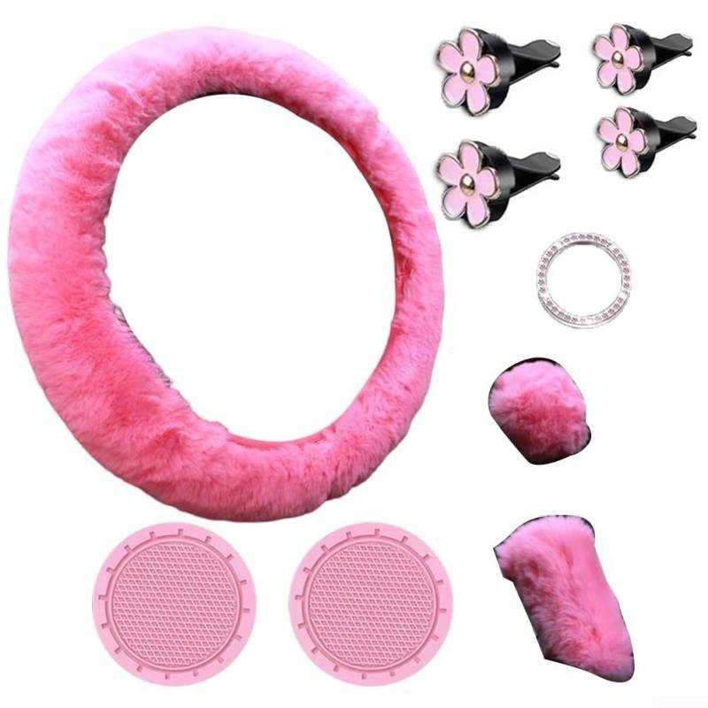 Sleek and Cozy 10 Pcs Plush Car Steering Wheel Covers and Matching Decorative Cup Holders (Pink) von FUANA