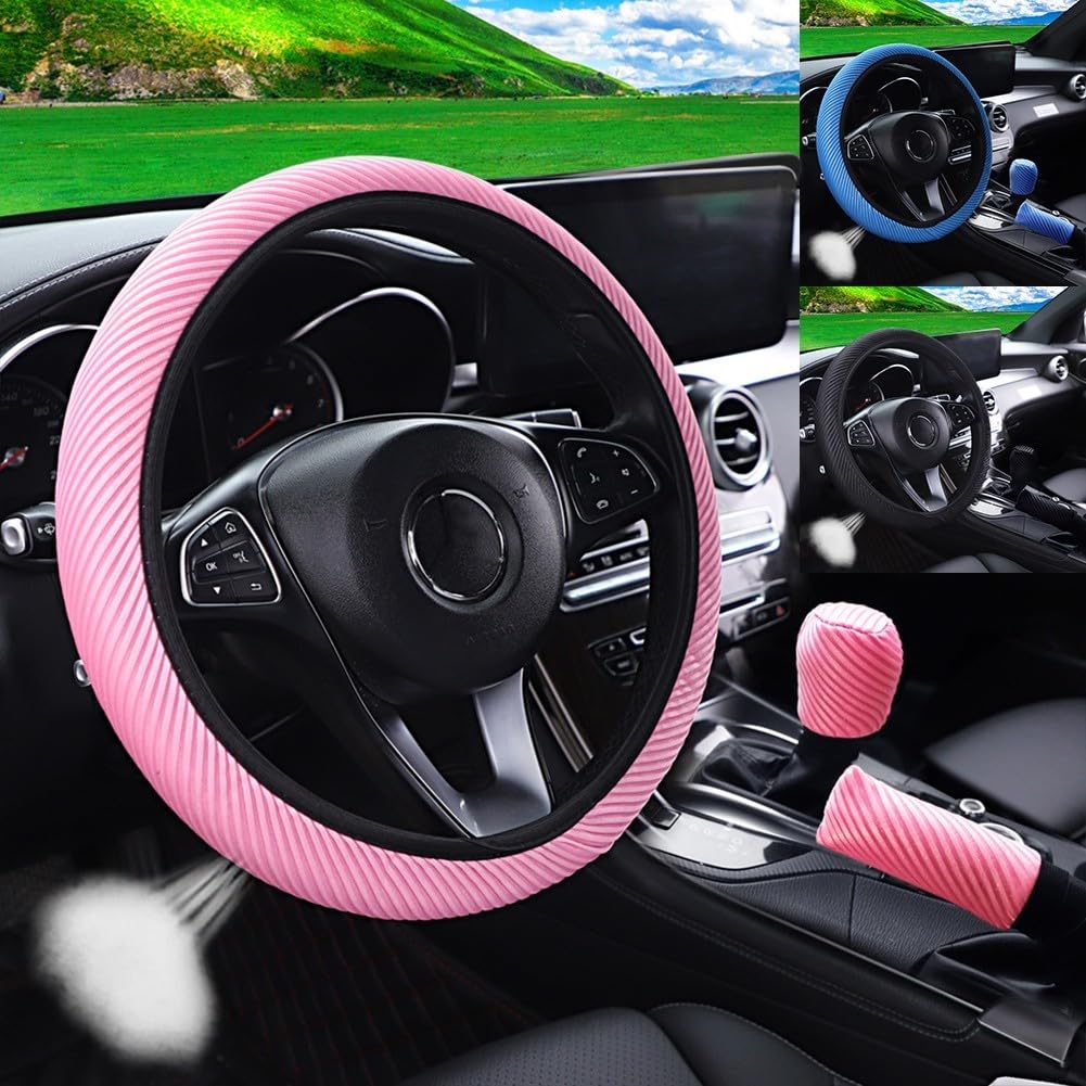 Stripe Car Interior Set Breathable Handbrake Shift Cover Steering Wheel Cover (Pink) von FUANA