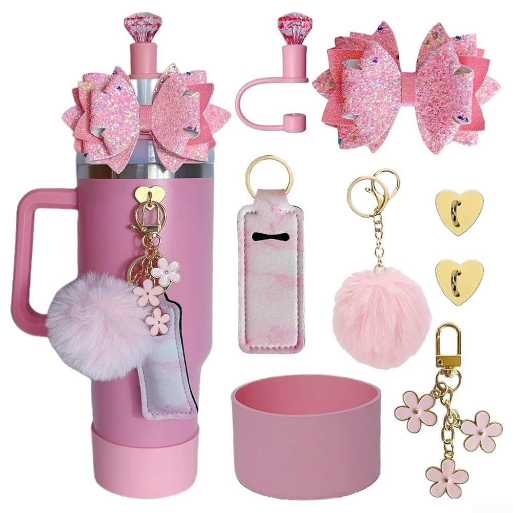 8-teiliges Zubehör-Set für Wasserbecher mit Blumen-Schlüssel-Anhänger zur Sicherung Ihrer 850 ml und 1134 ml Becher (Rosa) von FUBESK