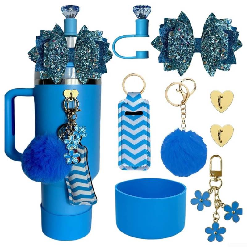 8-teiliges Zubehör-Set für Wasserbecher mit Blumen-Schlüssel-Anhänger zur Sicherung Ihrer 850 ml und 1134 ml Becher (blau) von FUBESK