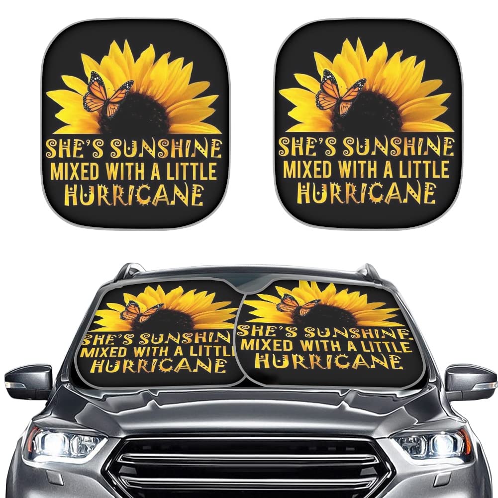 FUIBENG Sonnenblumen Schmetterling Persönlichkeit Text Druck Auto Windschutzscheibe Sonnenschutz Set von 2 Stück Auto Sonnenblende Universal Auto Innenraum Zubehör Sh's Sunshine Mixed with A Little Hurricane for Women von FUIBENG