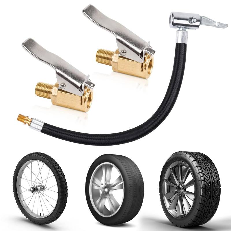 FUKPO Ventilverlängerung Autoventil Pumpe Messing Set, 24cm Reifenfüllschlauch Auto Adapter Kompressor, Reifenfüller Schlauch Fahrrad Autoventil Hebelstecker Verlängerung Air Chuck 8mm von FUKPO