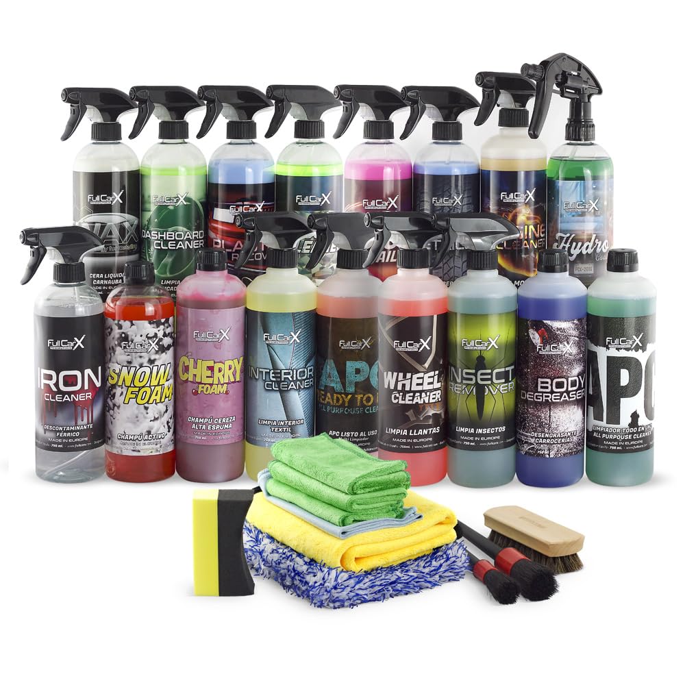 FULLCARX Super Auto Reinigungsset Detailing Auto Waschen Set Innenraum und Aussen mit Zubehör, 17 Professionelle Produkten, Felgenreiniger Shampoo Polsterreiniger Reifenglanz Kunstoffpflege APC Pflege von FULLCARX