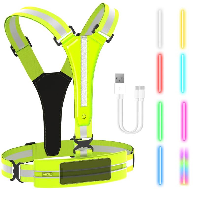 FUNWICT LED Reflektierende Weste 7 Leuchtfarbe Wiederaufladbare Warnweste Fahrrad Herren Damen Hohe Sichtbarkeit Reflektorweste mit Tasche für Joggen Wandern Radfahren in der Nacht (Neongrün) von FUNWICT