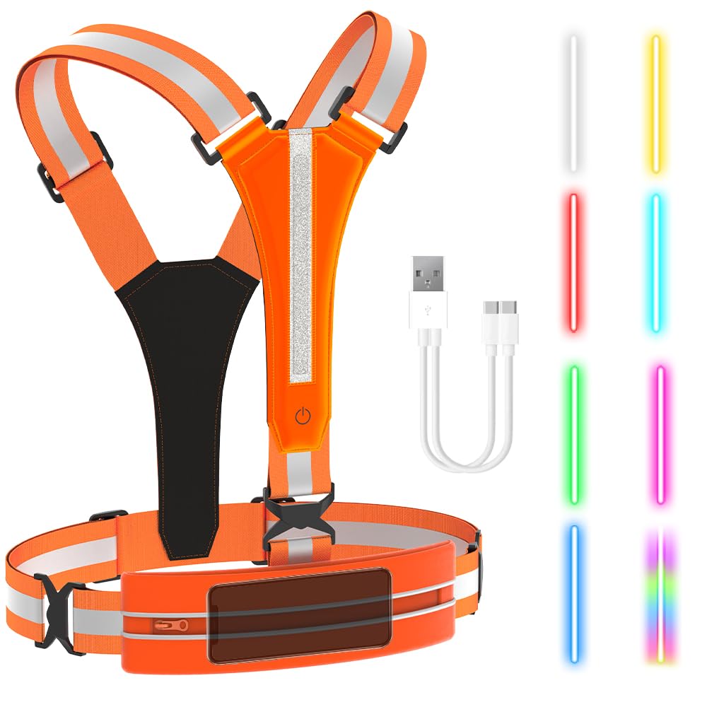 FUNWICT LED Reflektierende Weste 7 Leuchtfarbe Wiederaufladbare Warnweste Fahrrad Herren Damen Hohe Sichtbarkeit Reflektorweste mit Tasche für Joggen Wandern Radfahren in der Nacht (Orange) von FUNWICT