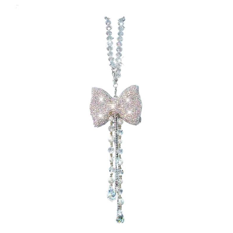 Rückspiegel Anhänger Auto Innenraum Deko Kreative Diamant Bowknot Auto Anhänger Nette Kristall Quasten Kette Rückspiegel Ornament Perle Strass Auto Zubehör Frauen(Ab color) von FVCTGHZ