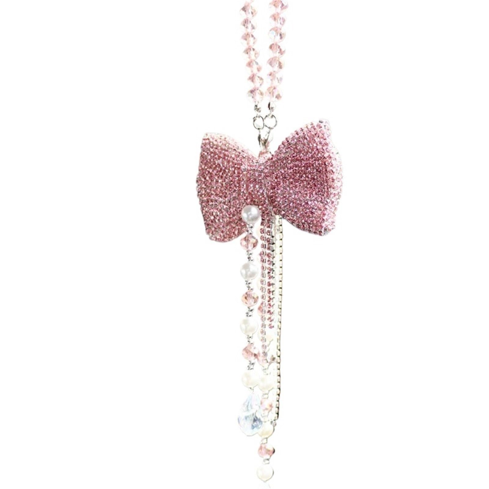 Rückspiegel Anhänger Auto Innenraum Deko Kreative Diamant Bowknot Auto Anhänger Nette Kristall Quasten Kette Rückspiegel Ornament Perle Strass Auto Zubehör Frauen(Pink) von FVCTGHZ