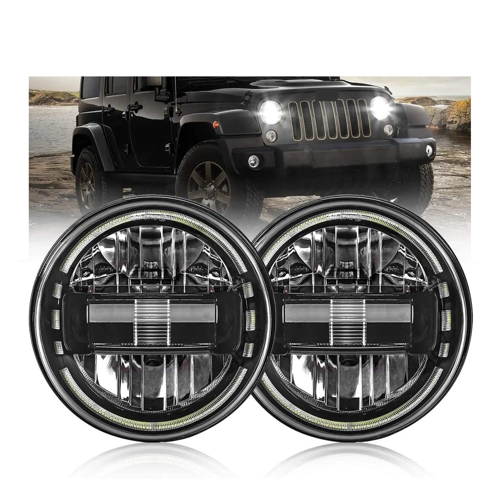 7'' LED-Scheinwerfer kompatibel for Lada Niva 4x4 H4 Fern-Abblendlicht runder Scheinwerfer Autos Lauflichter kompatibel for Jeep Wrangler JK Land Rover Defend(2pcs Black) von FXFUPO