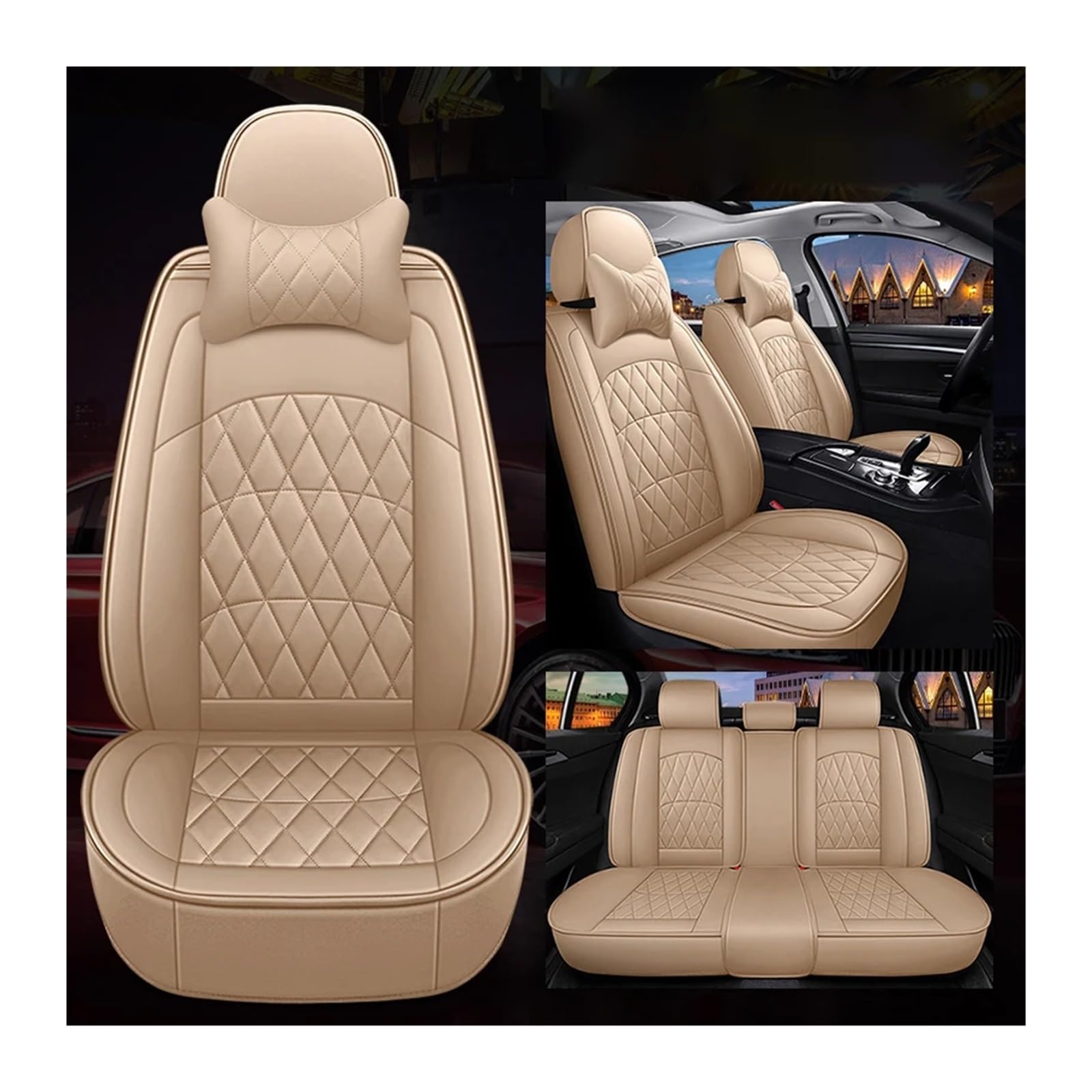 Autositzabdeckung Leder kompatibel for Toyota Alle Models Land Cruiser Prado Yaris Venka Prius Camry Corolla Highlander Alphard Rav4(Beige pillow) von FXFUPO