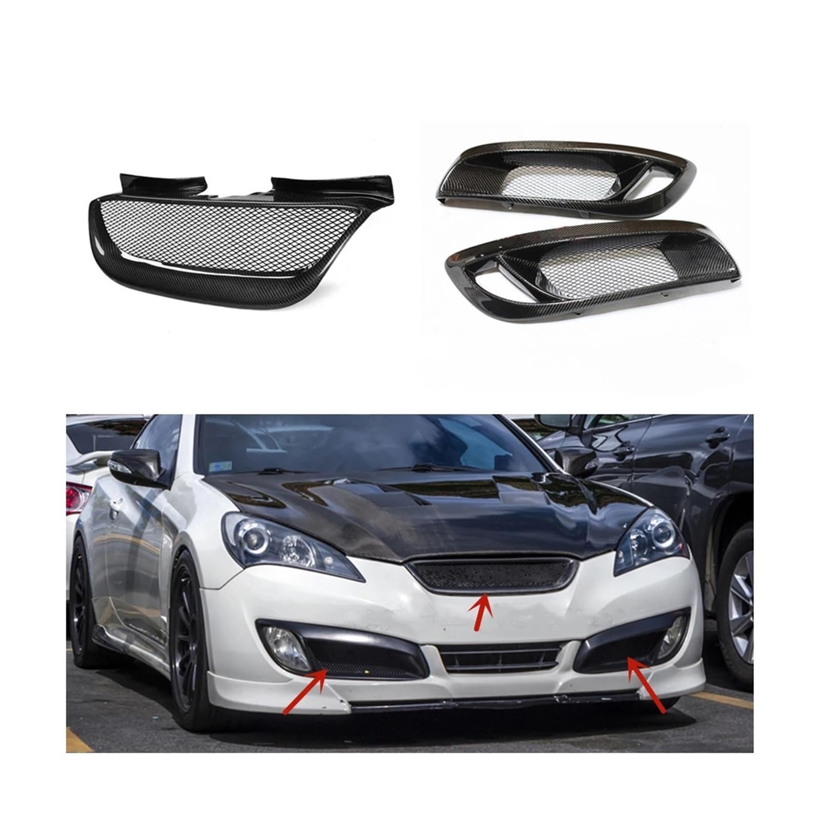 Kompatibel for Hyundai Genesis Coupe 2008–2012 Kühlergrill + Nebelscheinwerfer-Abdeckung, Grill, Kohlefaser-Stoßfänger, Haube, Netzlampe, Lufteinlass, Entlüftungsrahmen von FXFUPO