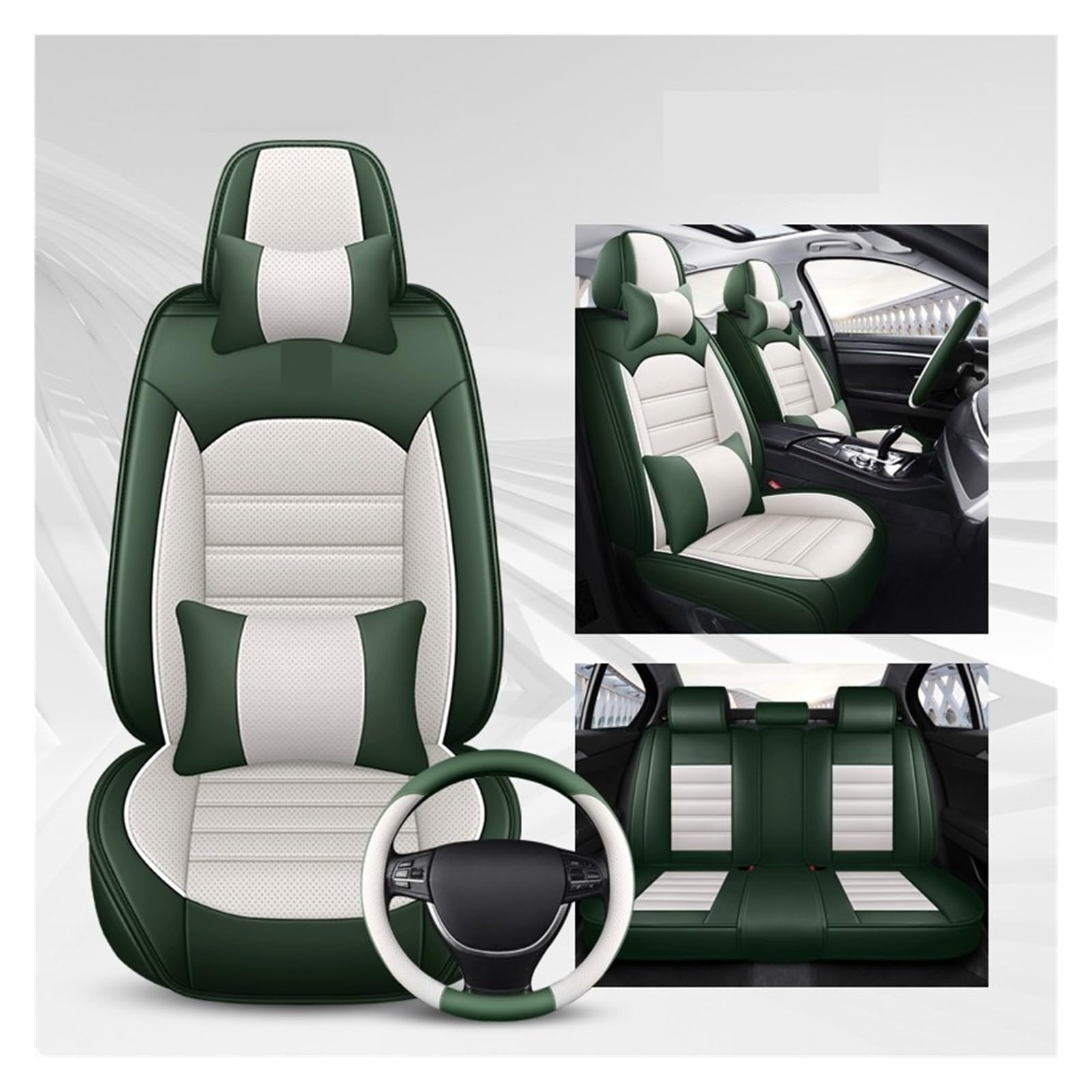 Vollständiger Satz atmungsaktiver Nappaleder-Universal-Autositzbezüge, kompatibel mit Toyota Corolla Camry Rav4 Auris Prius Yalis Avensis CarAccessorie(Green With pillow) von FXFUPO