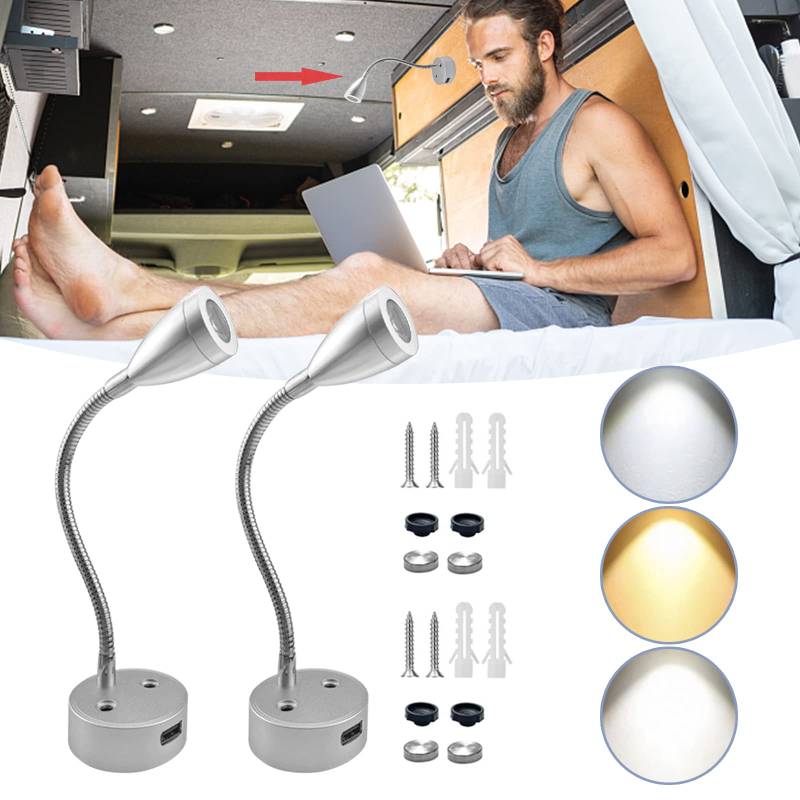 FXLTSBL 2 Pack Spot Leselampe DC 12V LED Leseleuchte Dimmbar Schwanenhals Flexible Wohnmobil Boot Wandleuchte Leselicht mit USB-Ladegerät & Touch-Dimmen für Auto Boot Wohnwagen Camper Yacht (Silber-) von FXLTSBL