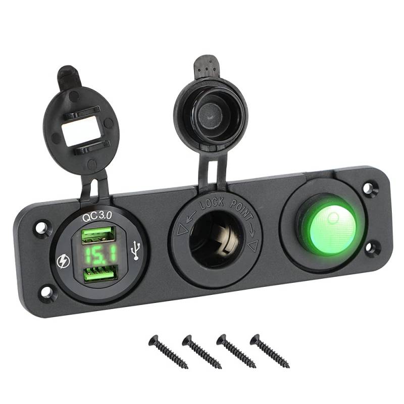 FYMTS 3 IN 1 DC 12V / 24V Dual-USB-Port-Schalter-Panel Digital Voltmeter Kipp-Wippschalter für Auto Marine ON/OFF Steckdosen-Kombination (Grün) von FYMTS