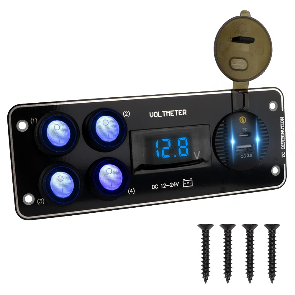 FYMTS PD 4 Gang Switch Panel Voltmeter für Auto RV Truck ATV UTV Camper Caravan 12-24V Auto Ladedrucktaste QC3.0 (Blau) von FYMTS