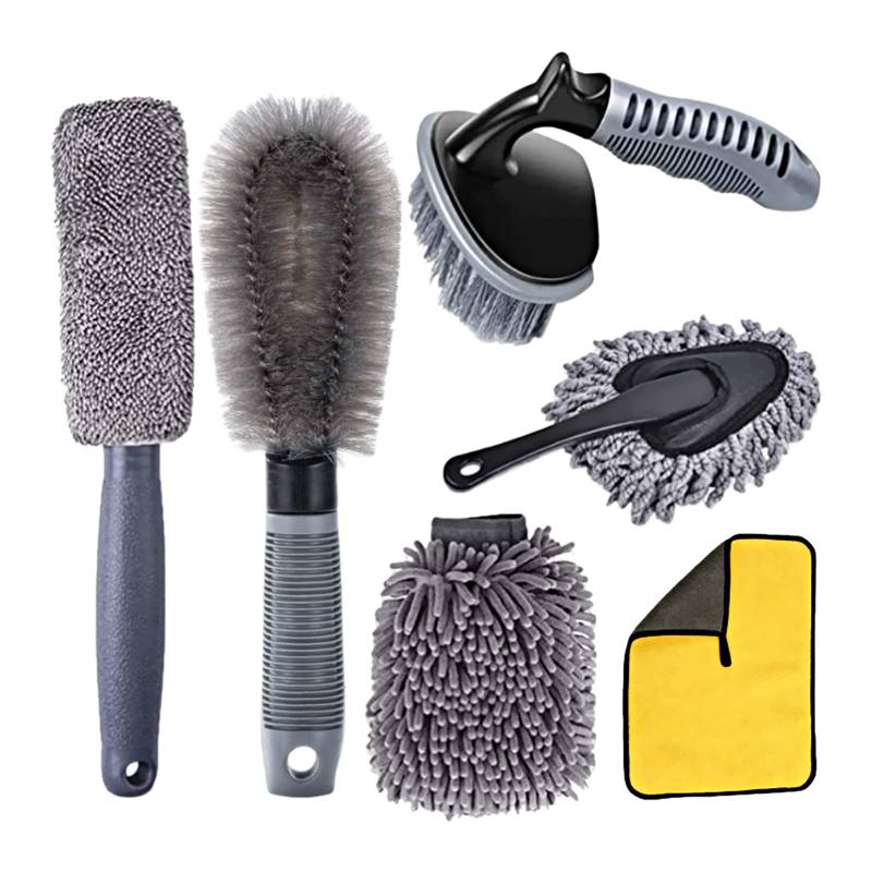 FYting Auto Reinigungsset,6 Stücke Autopflege Set,Reifenbürste Felgenbürste Alufelgen Waschhandschuh Auto Reinigungstücher Auto Duster Brush Für Autos, Motorräder, Wohnmobile, Lastwagen(Grey) von FYting