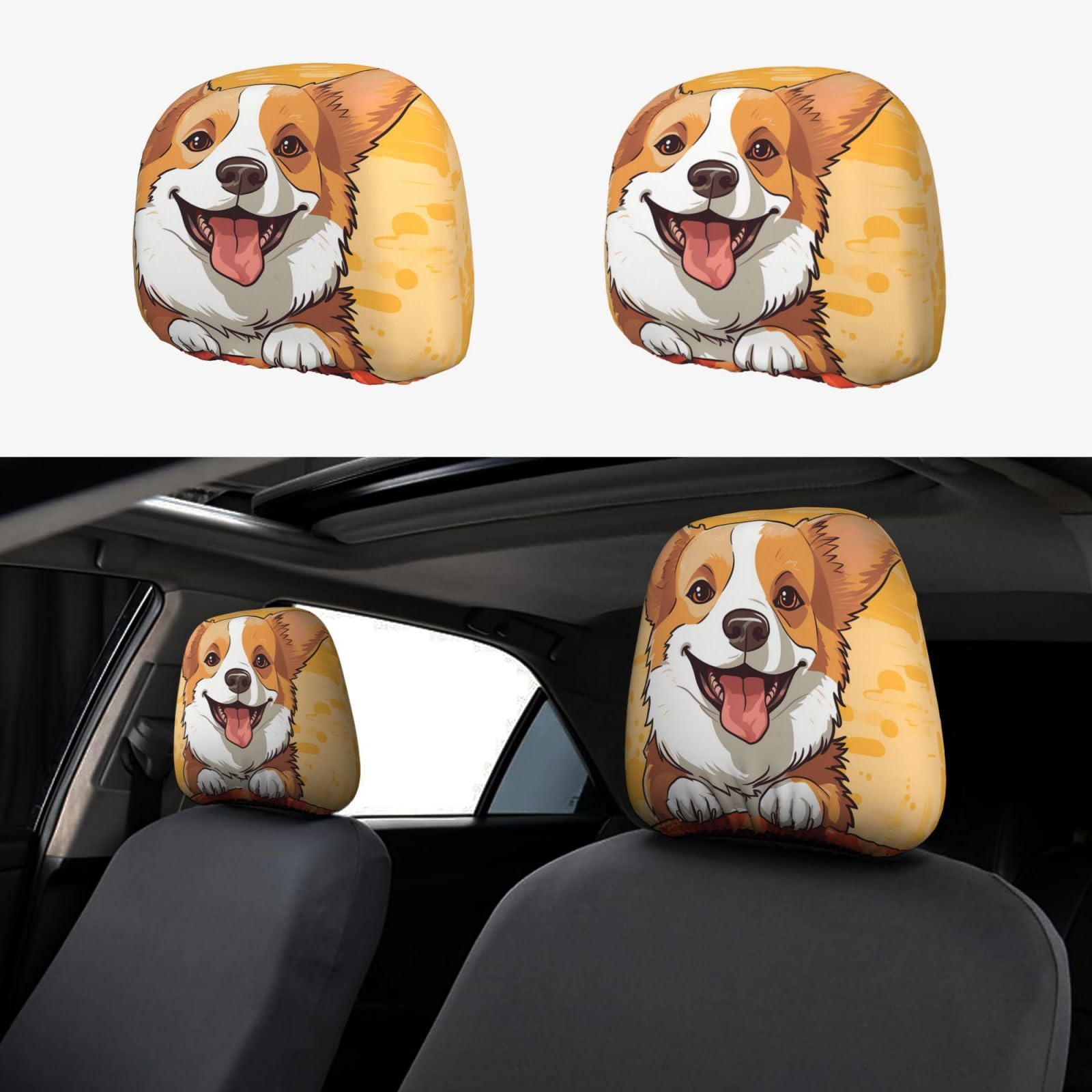 FZMVSGP Autositz-Kopfstützenbezüge, niedlicher Corgi-Hunde-Kopfstützenbezug, personalisierbar, Zubehör, schützend, universal, Autositz-Kopfstützenbezug für LKW, SUV, 2 Stück von FZMVSGP