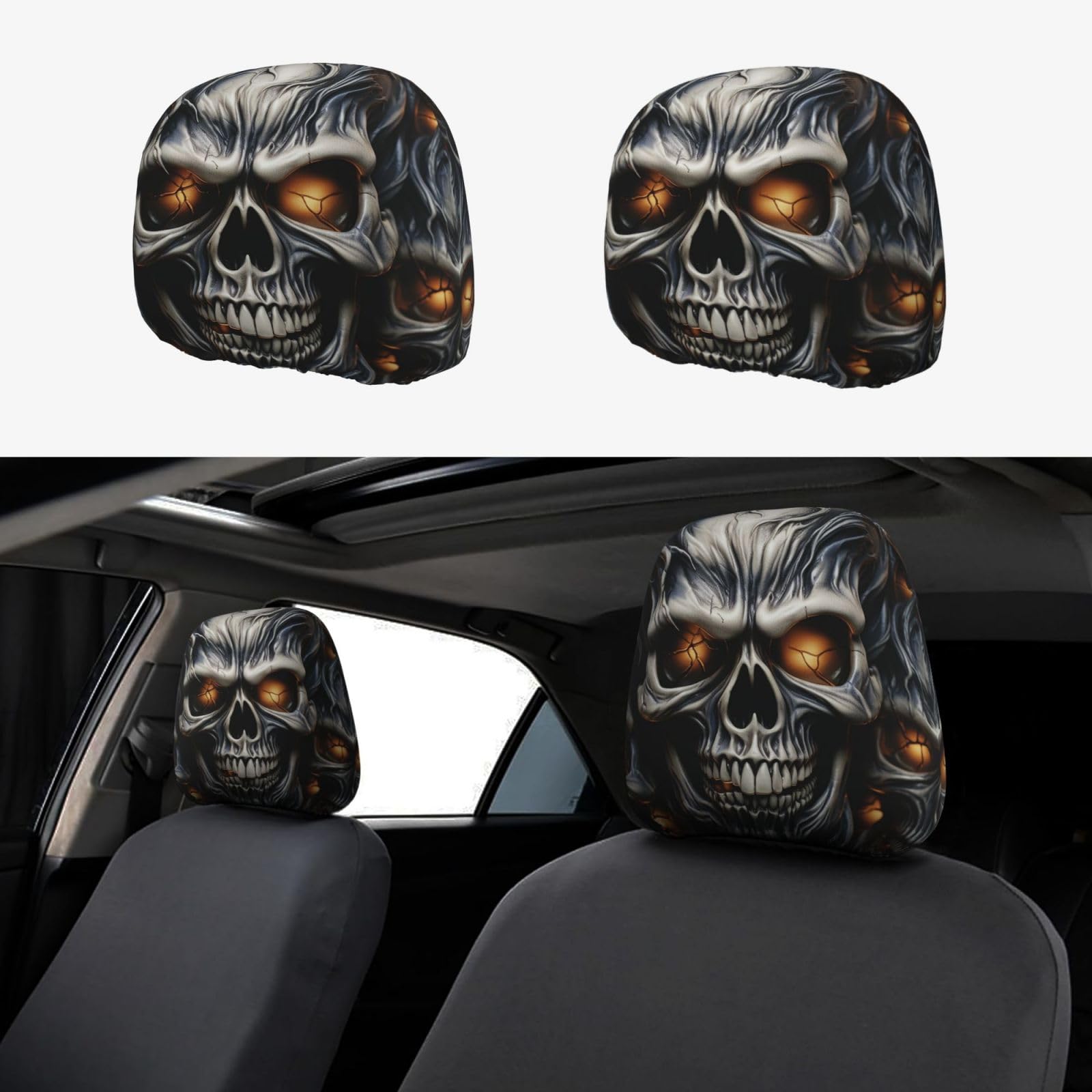 FZMVSGP Autositz-Kopfstützenbezug, cooler böser Totenkopf-Kopfstützenbezug, personalisierbar, Zubehör für Autositz, Kopfstützenbezüge für LKW, SUV, 2 Stück von FZMVSGP