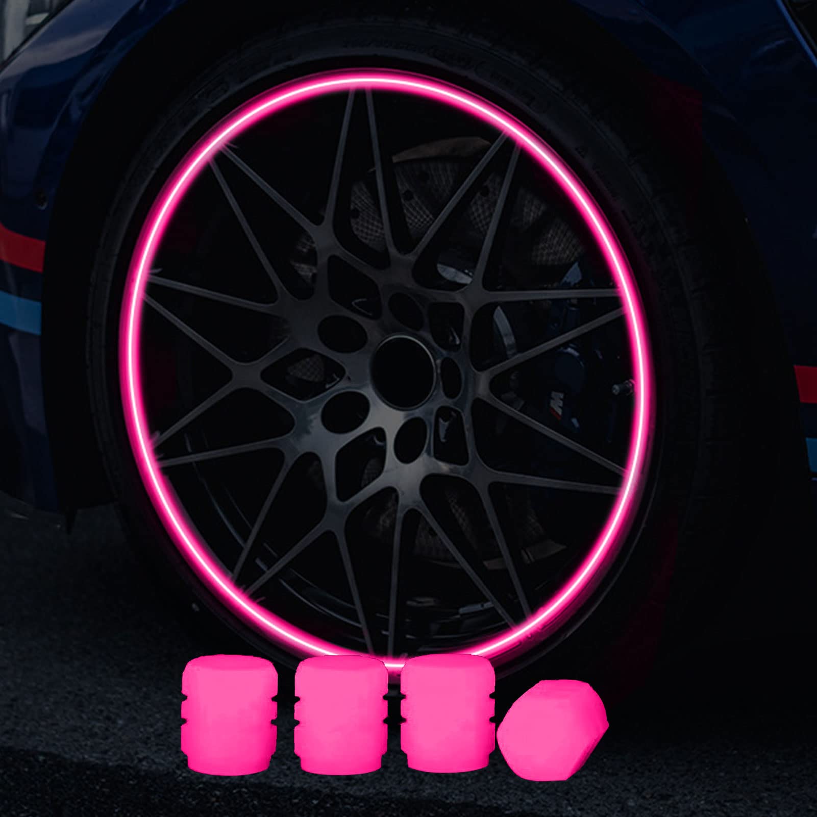 4 Stück Leuchtende Reifenventilkappe, Universelle Auto Reifen Ventilkappen, Fluoreszierende Autoreifen, Funkeln in der Nacht, Coole Reifendeko, für Reifen für Autos, Motorräder und Fahrräder (Rosa) von FZQBEY