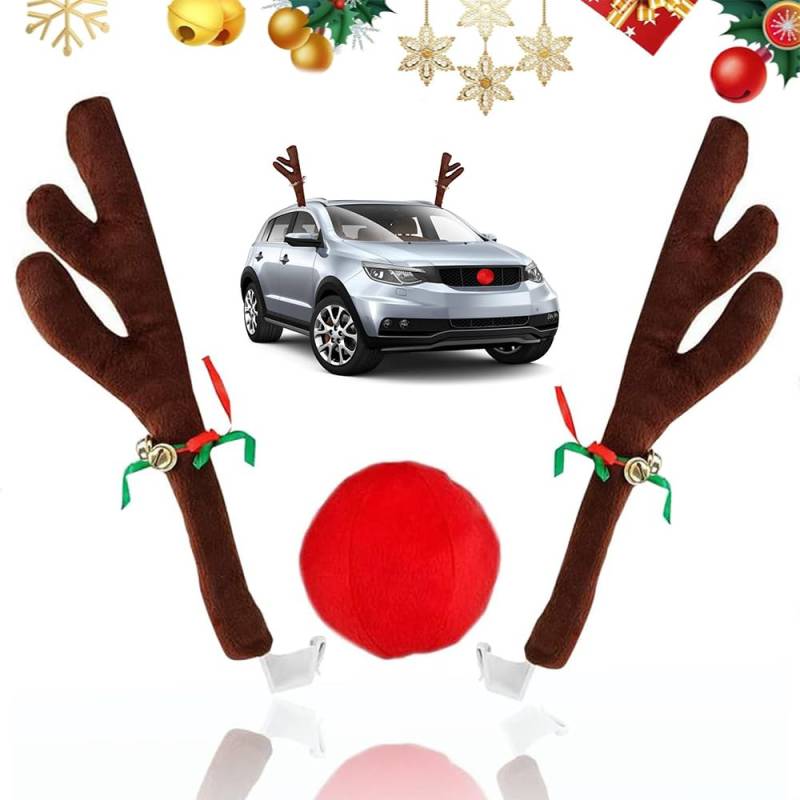 Weihnachten Auto Rentier Geweih und rote Nase Set FaJoek Rentier Auto Set, Rudolph Deko Auto, Auto Deko Weihnachten, Weihnachtsdeko Auto Rudolph Kostüm Set mit Geweih und Nase (Dark Brown) von FaJoek