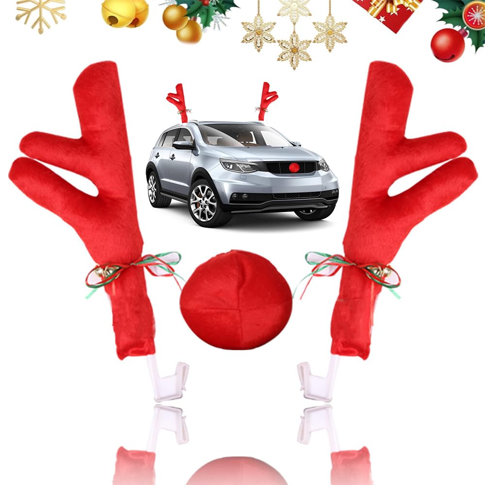 Weihnachten Auto Rentier Geweih und rote Nase Set FaJoek Rentier Auto Set, Rudolph Deko Auto, Auto Deko Weihnachten, Weihnachtsdeko Auto Rudolph Kostüm Set mit Geweih und Nase (Red) von FaJoek