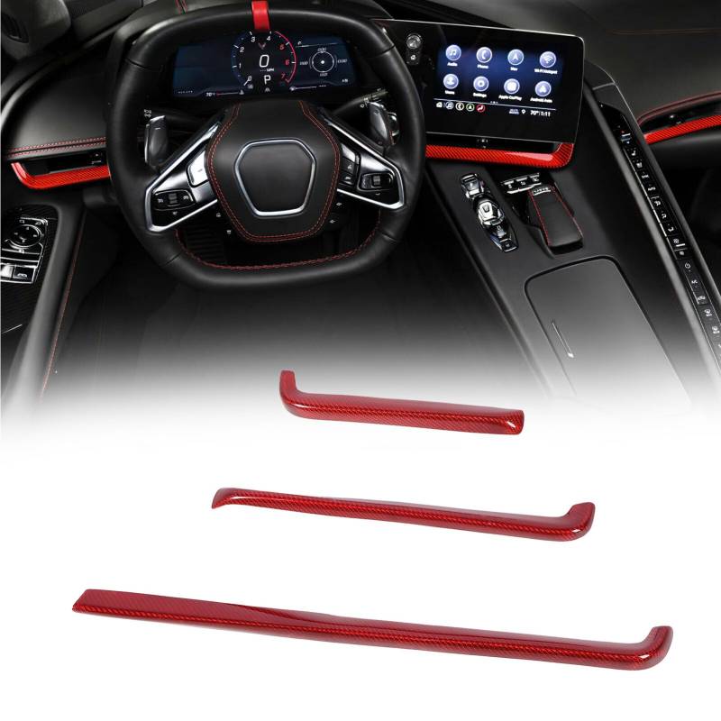 Car Center Control Panel Dashboard Strips Trim, Carbon Fiber Dashboard Central Control Strip, Kompatibel mit C8 Z51 Z06 ZR1 Coupe Cabrio 2020 Bis 2024 (rote Kohlefaser) von Fabater