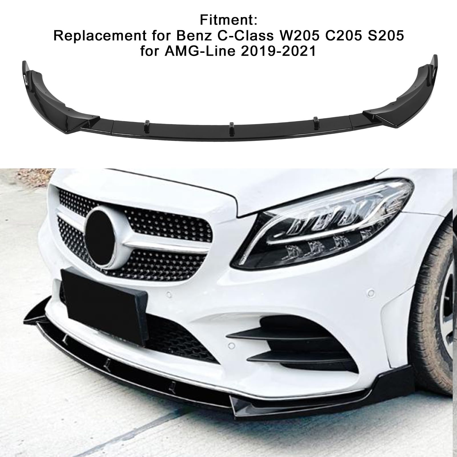 Fabater Frontstoßstangen-Lippenspoiler, Aerodynamischer Stoßstangenschutz, Lippen-Kinn-Spoiler-Body-Kit, Ersatz für 2019–2021 C-Klasse W 205 C 205 S 205 AMG-Line (glänzend schwarz) von Fabater