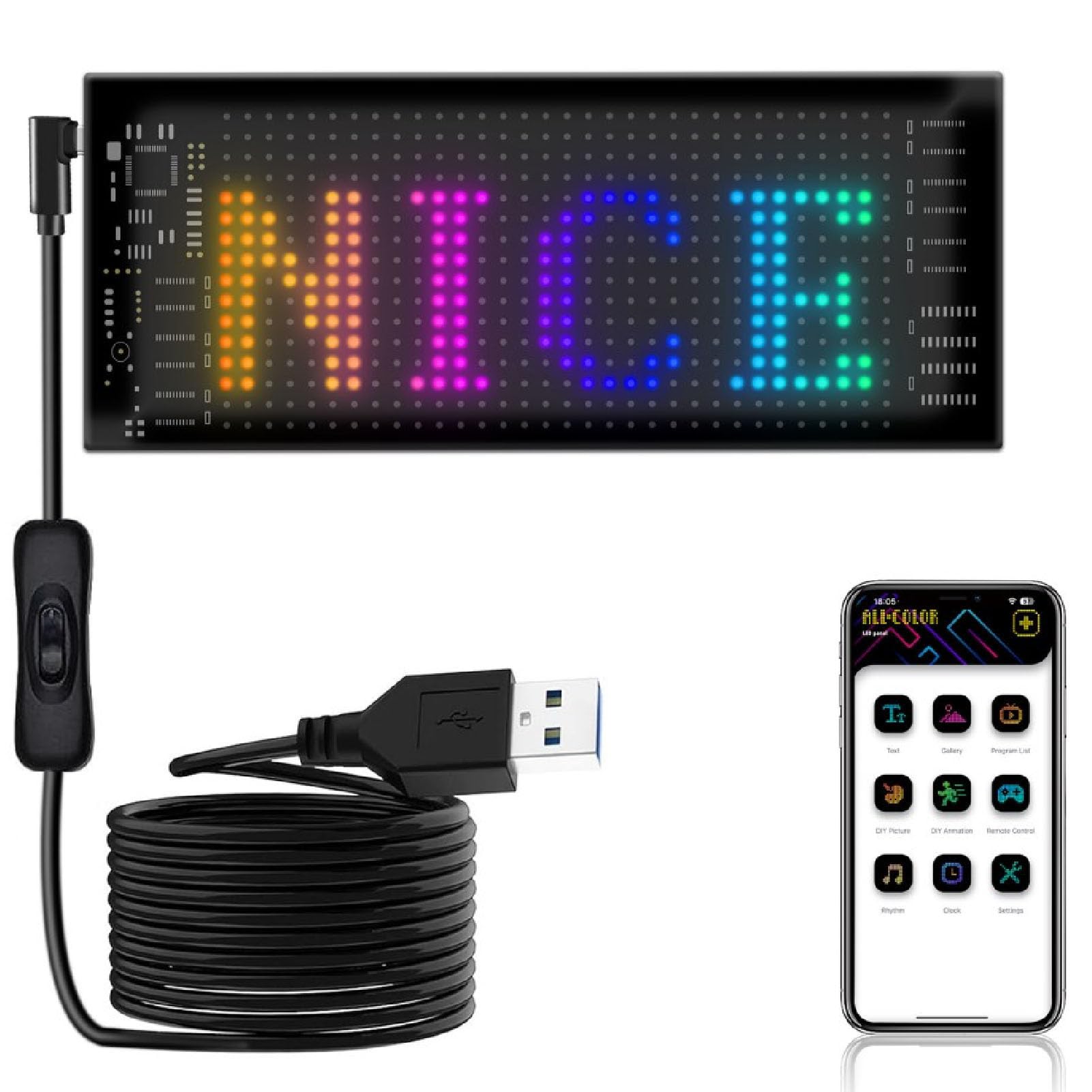 LED-Autoschild, 6,8 X 2,8 Programmierbares, Flexibles USB-RGB-LED-Schild, APP-Steuerung, Textmuster-Animations-Scrolling-Display für Auto, Geschäft, Party, Bar, Hotel von Fabater