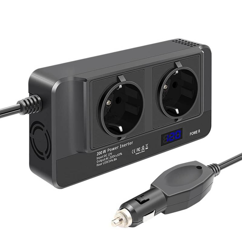 Faeymth 200W Auto-Wechselrichter, Spannungswandler 12V auf 220V mit Smart Time Display LCD, 2 Steckdosen und 4 USB-AutoladegeräTen (EU-Stecker) von Faeymth