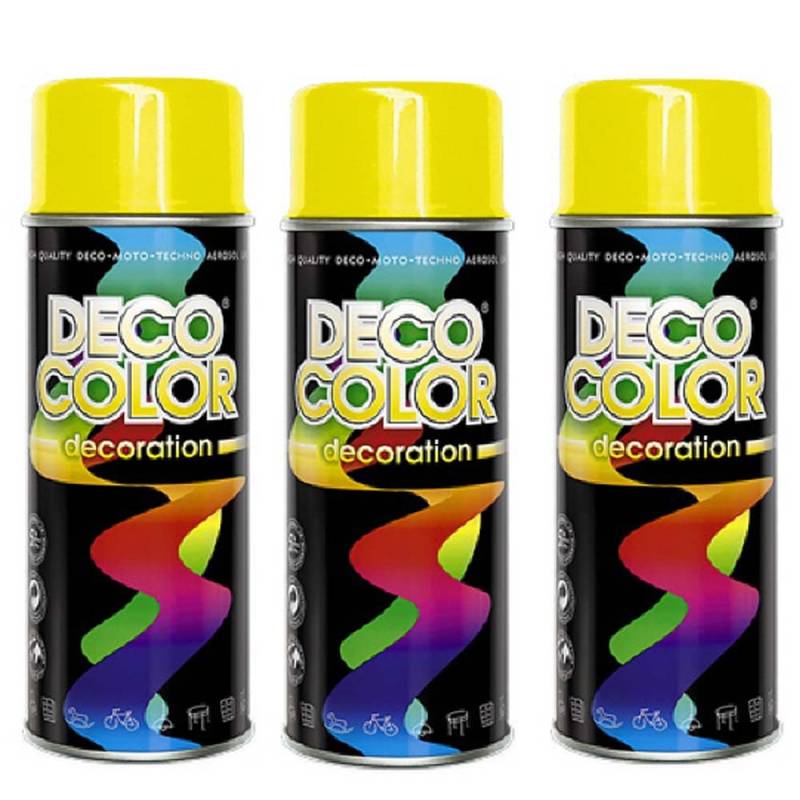 Deco Color 3er Sparpack DC Lackspray glänzend 400ml nach RAL freie Farbauswahl (3 Dosen in gelb glanz RAL 1023) von Deco Color