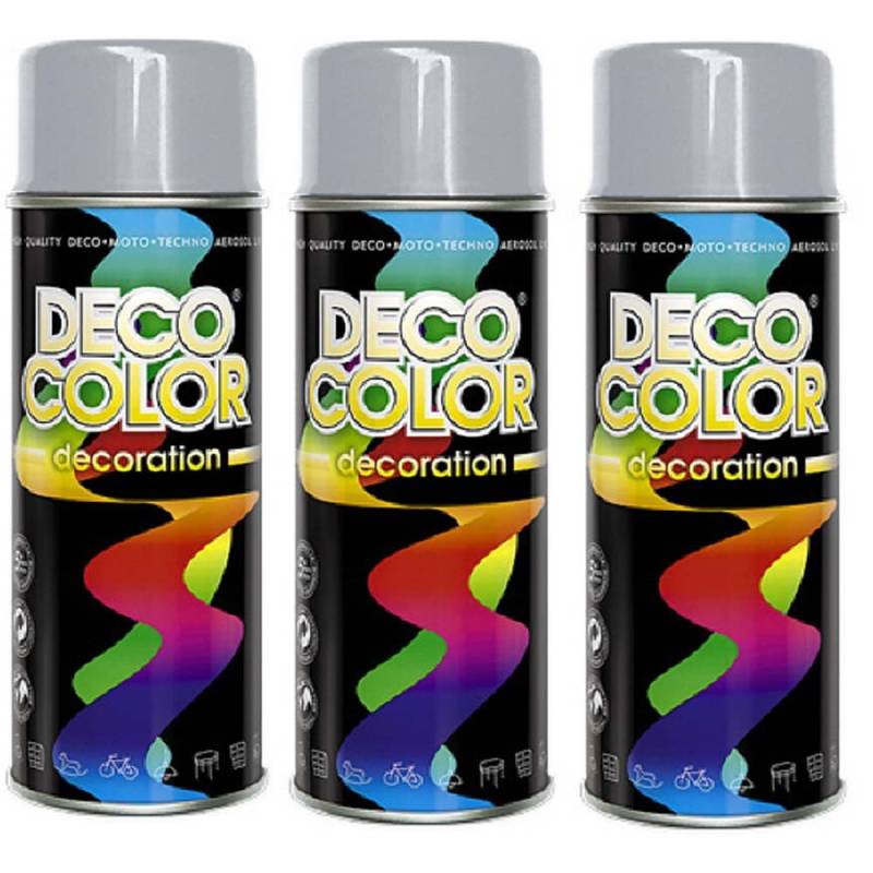 Deco Color 3er Sparpack DC Lackspray glänzend 400ml nach RAL freie Farbauswahl (3 Dosen in silbergrau glanz RAL 7001) von Deco Color